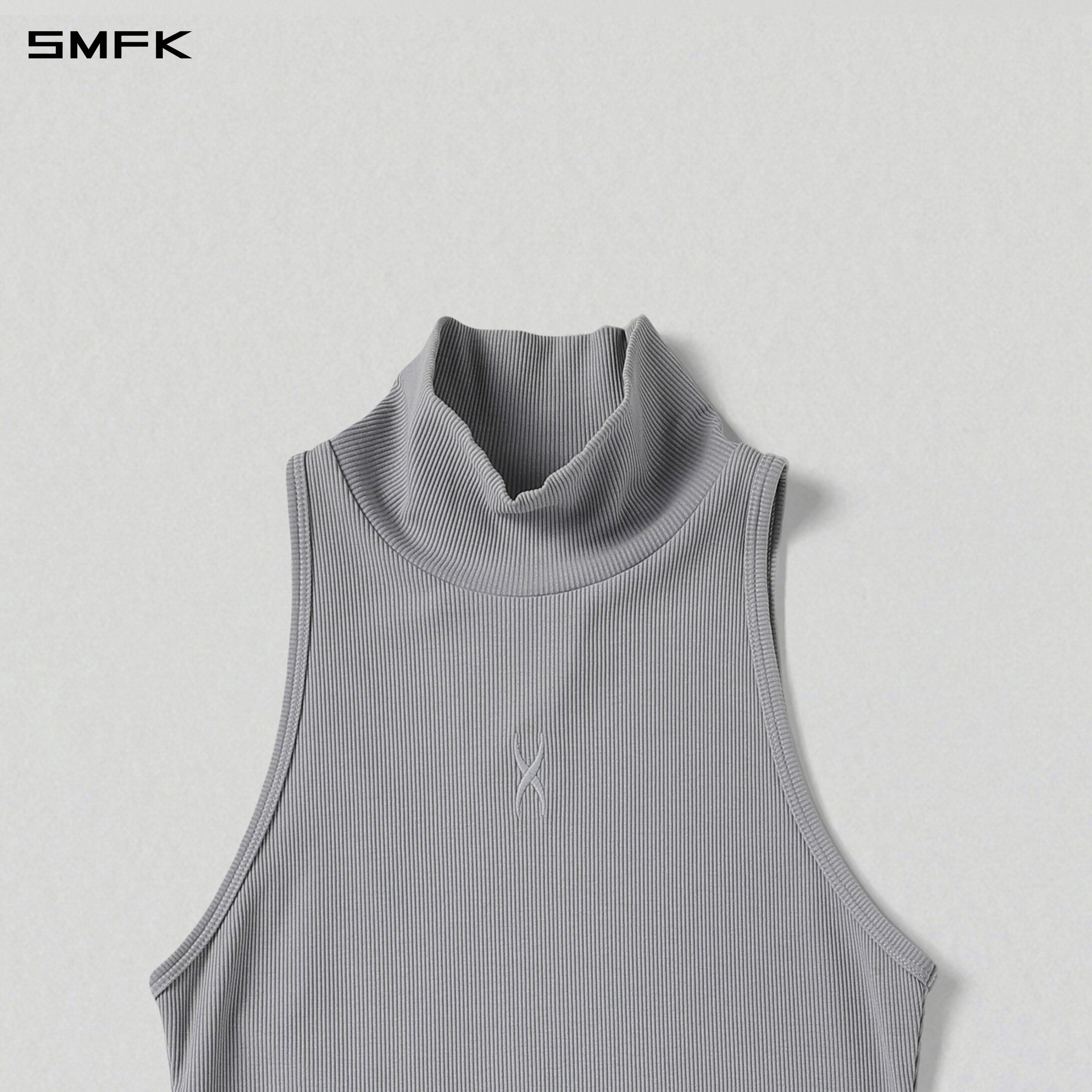 VINTAGE NOMADIC ASYMMETRY HIGH COLLAR VEST EVENING DRESS/SILK+COTTON GLACIER GREY