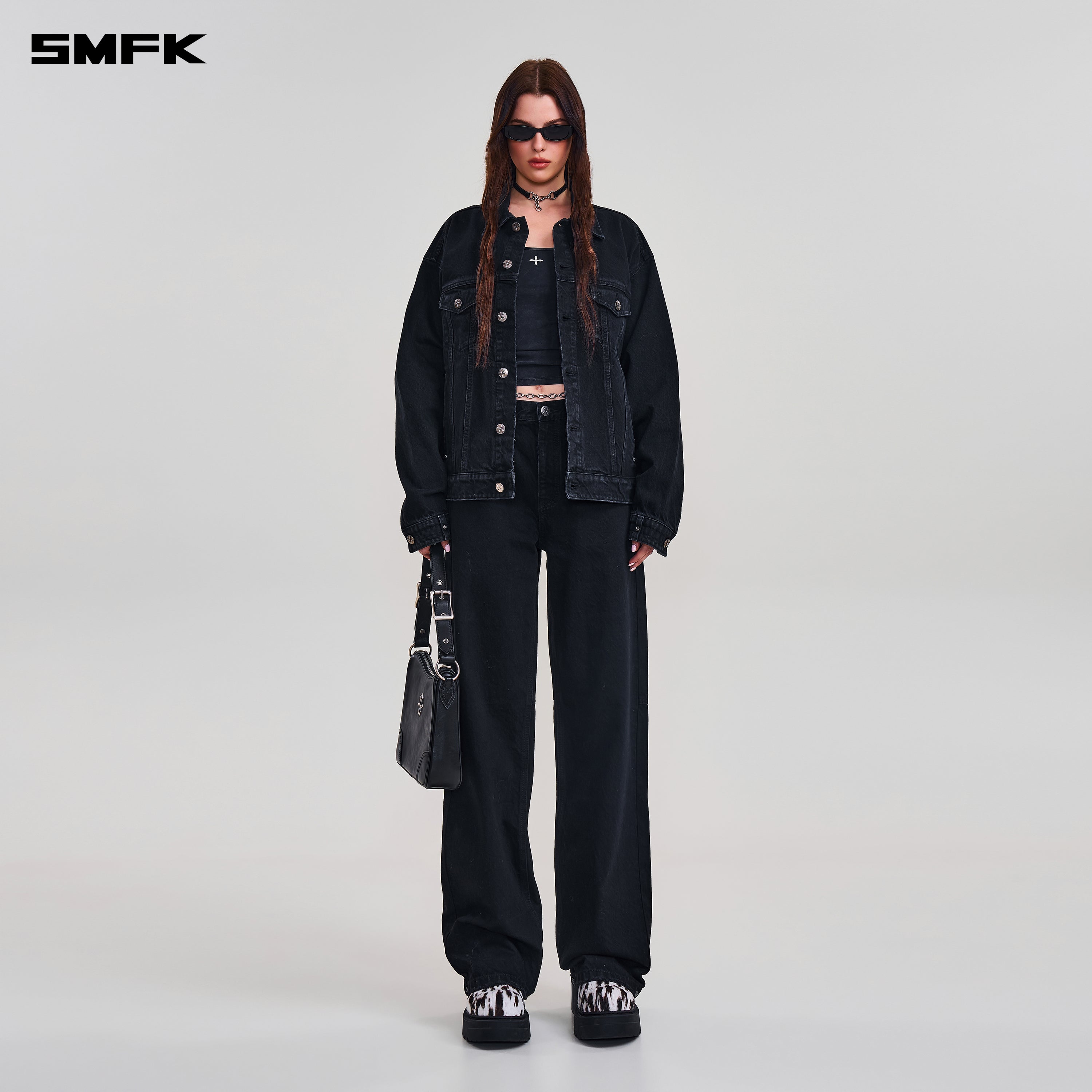 COMPASS MODE LOOSE STRAIGHT DENIM PANTS WILD BLACK