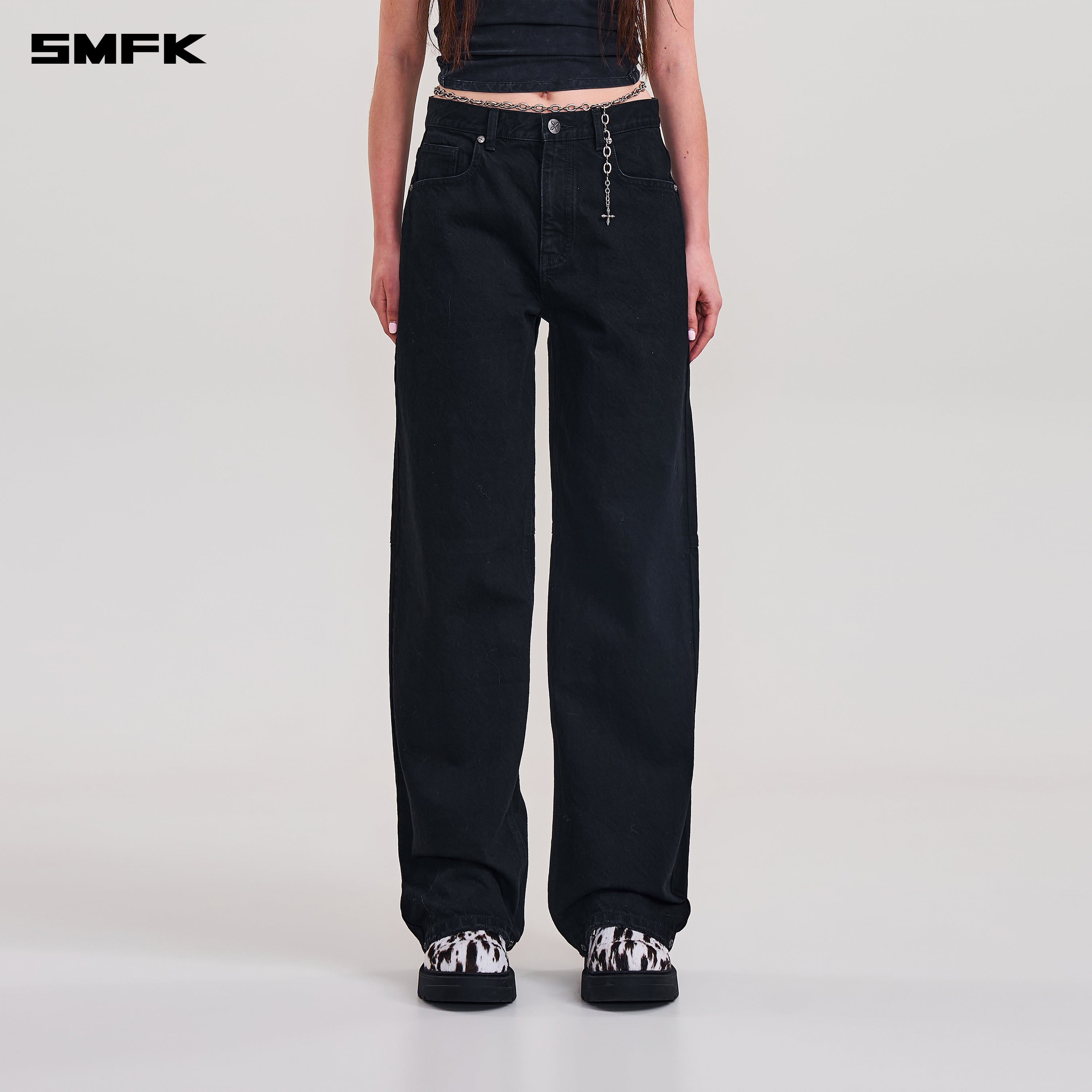 COMPASS MODE LOOSE STRAIGHT DENIM PANTS WILD BLACK
