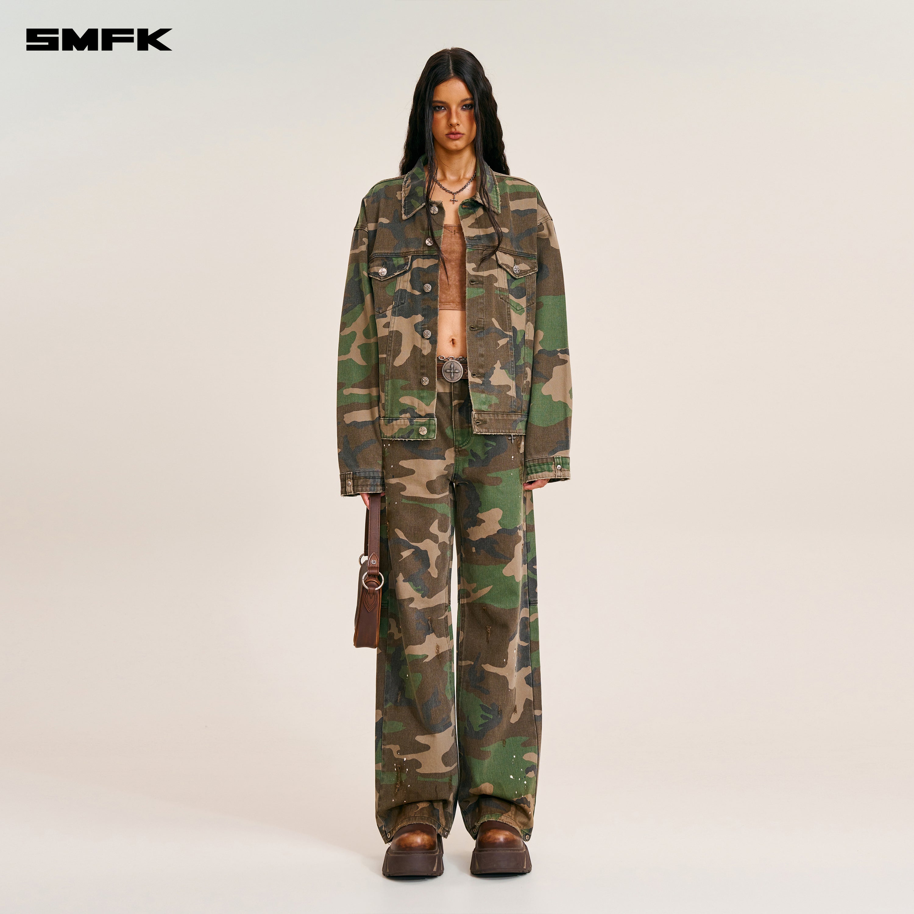 COMPASS MODE WASTELAND LOOSE STRAIGHT DENIM PANTS ARMY GREEN CAMOUFLAGE