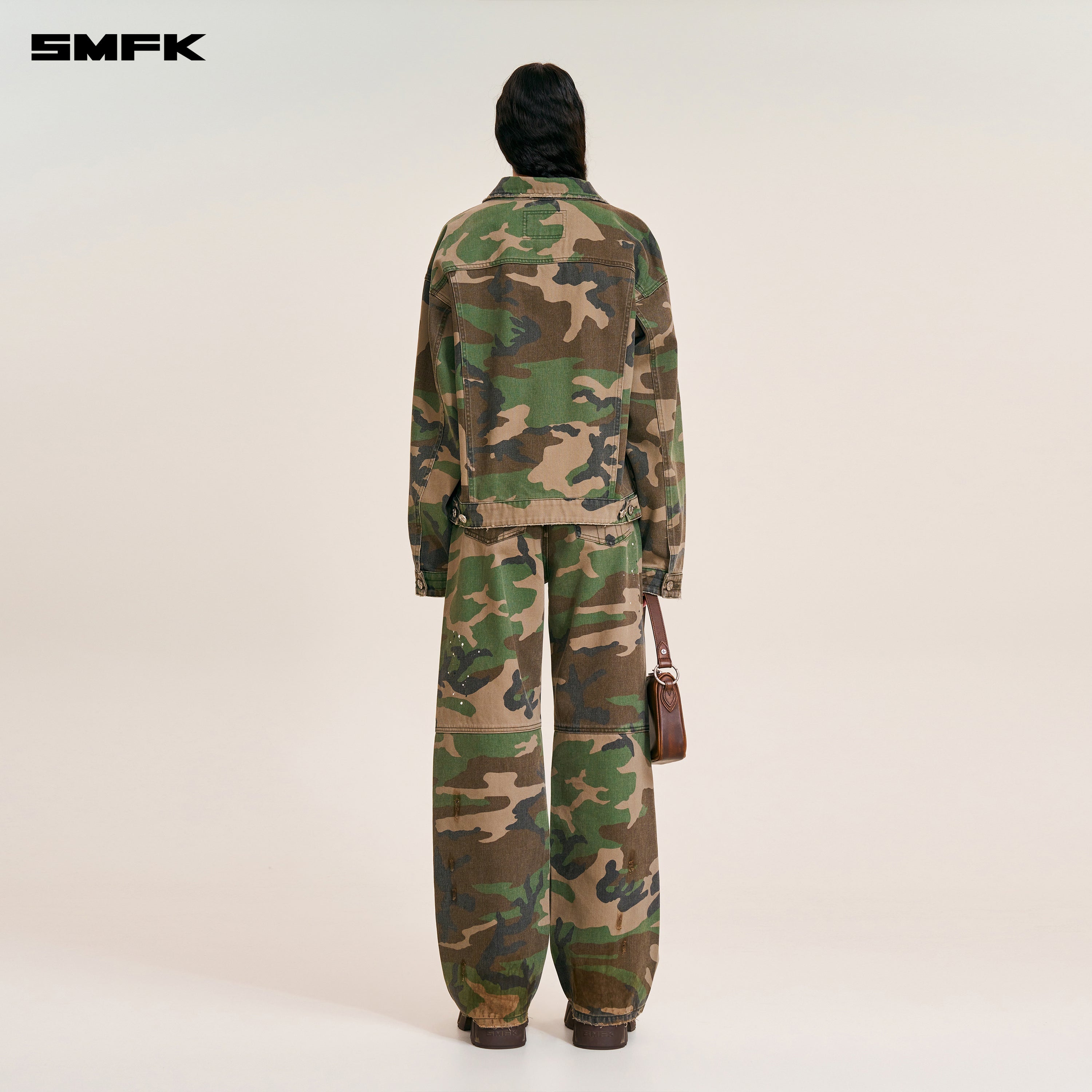 COMPASS MODE WASTELAND LOOSE STRAIGHT DENIM PANTS ARMY GREEN CAMOUFLAGE