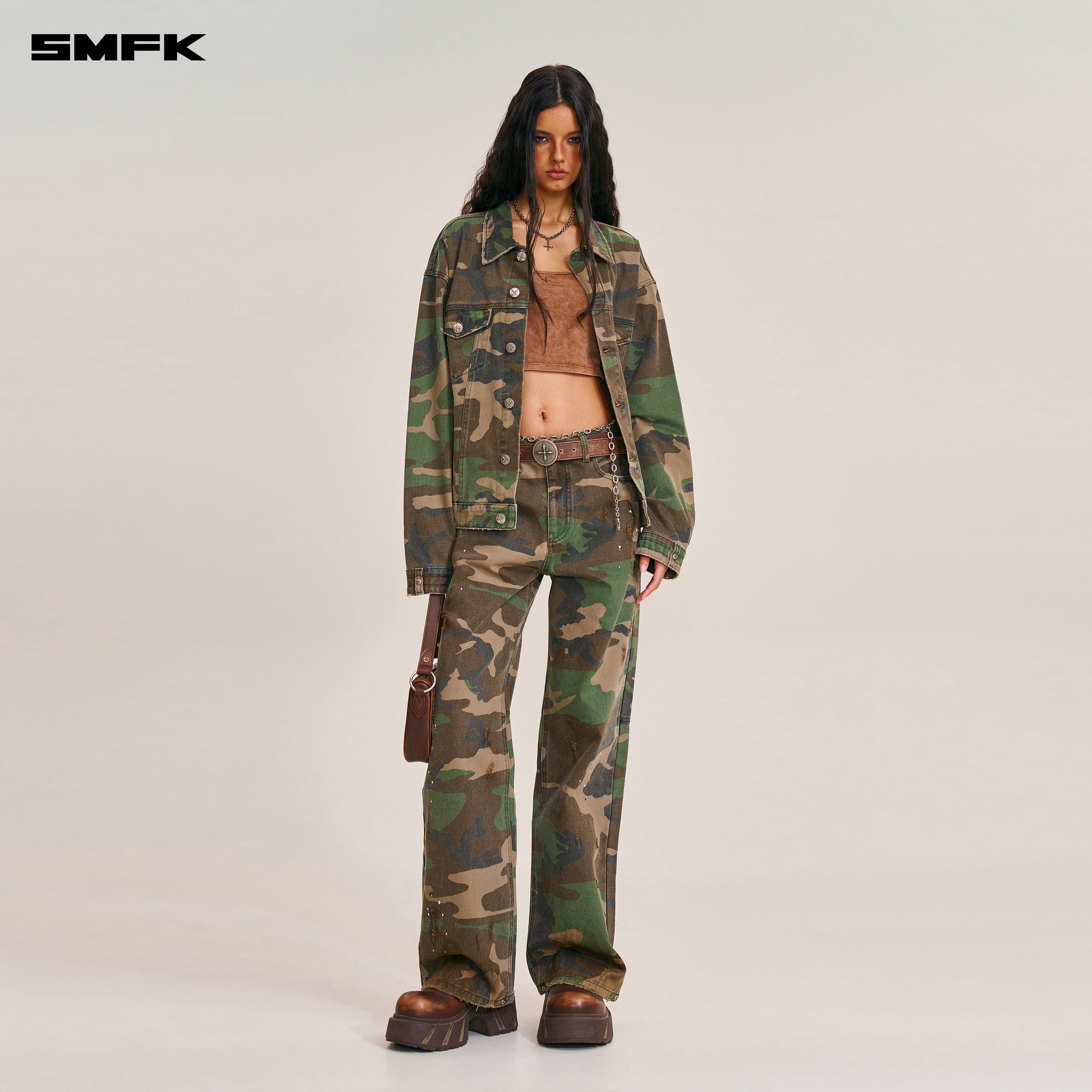 COMPASS MODE WASTELAND LOOSE STRAIGHT DENIM PANTS ARMY GREEN CAMOUFLAGE
