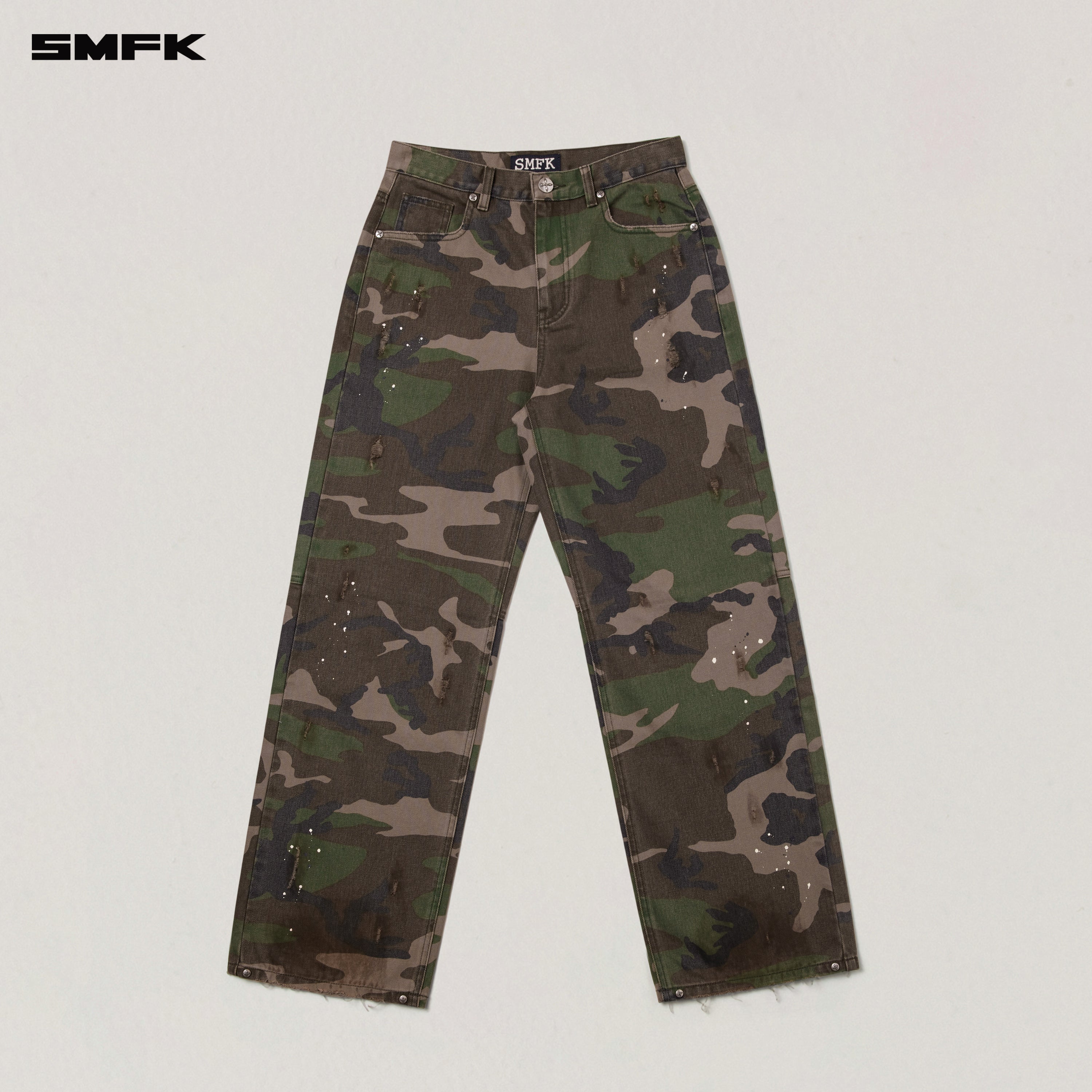 COMPASS MODE WASTELAND LOOSE STRAIGHT DENIM PANTS ARMY GREEN CAMOUFLAGE