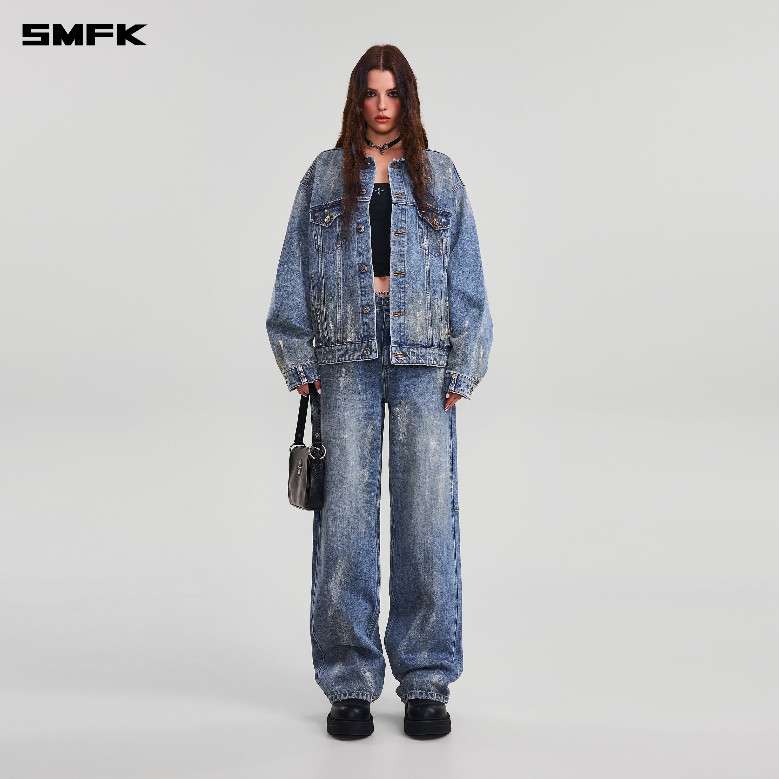 COMPASS MODE TIDE LOOSE STRAIGHT DENIM PANTS MARINE BLUE