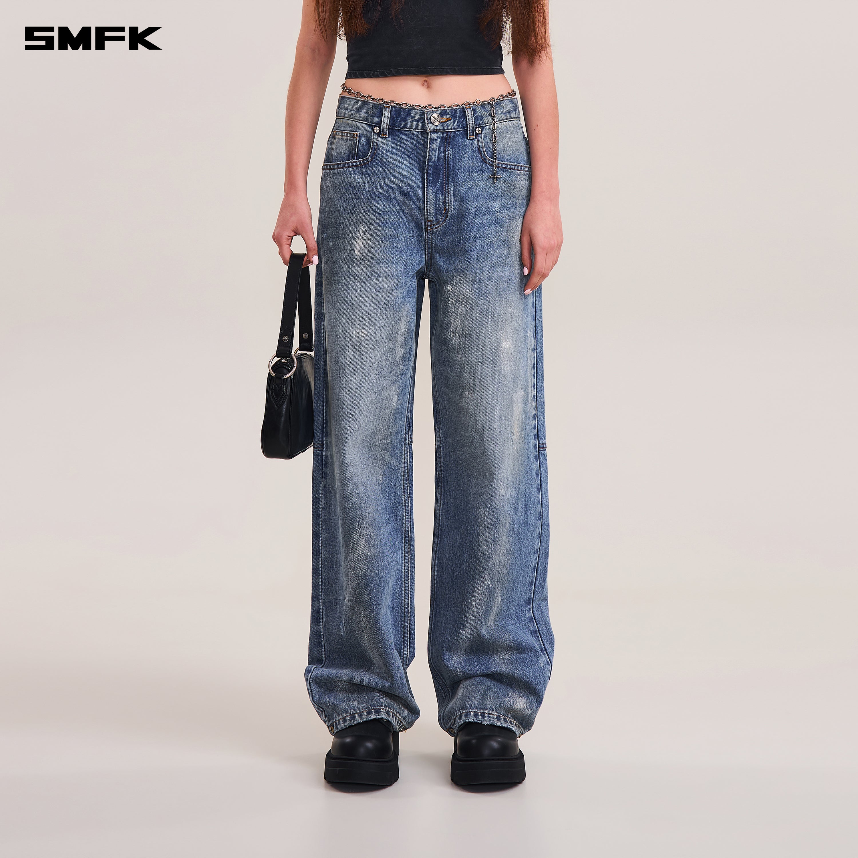 COMPASS MODE TIDE LOOSE STRAIGHT DENIM PANTS MARINE BLUE