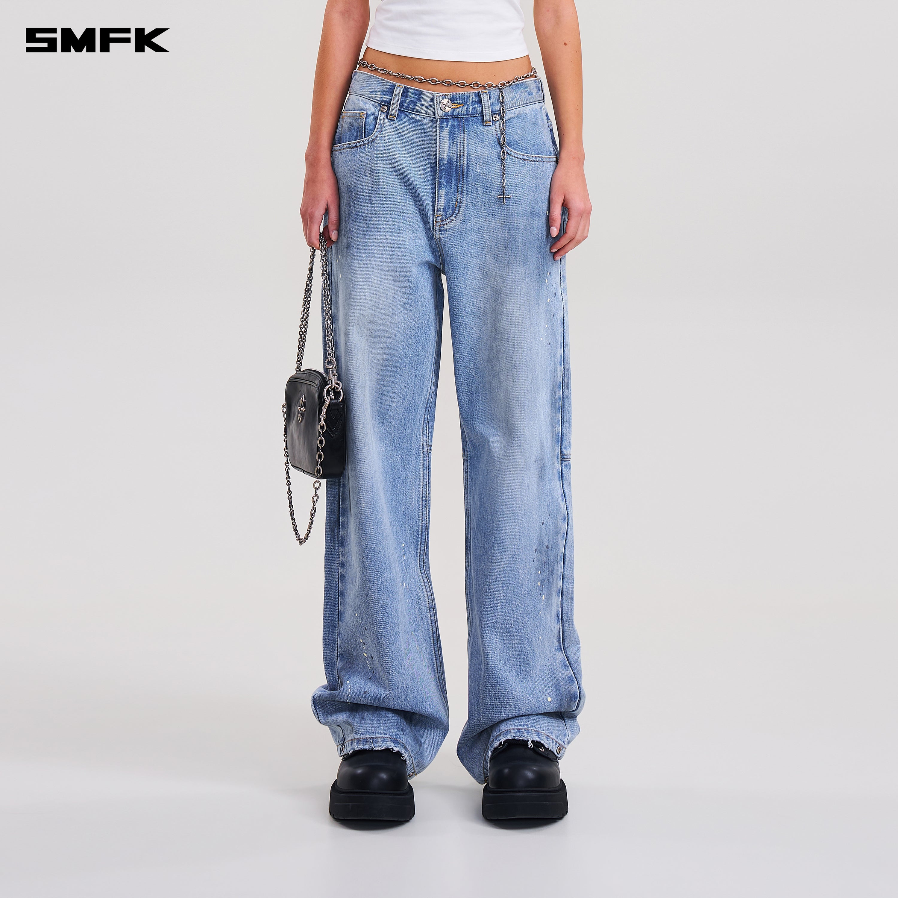 COMPASS MODE LOOSE STRAIGHT DENIM PANTS SKY BLUE