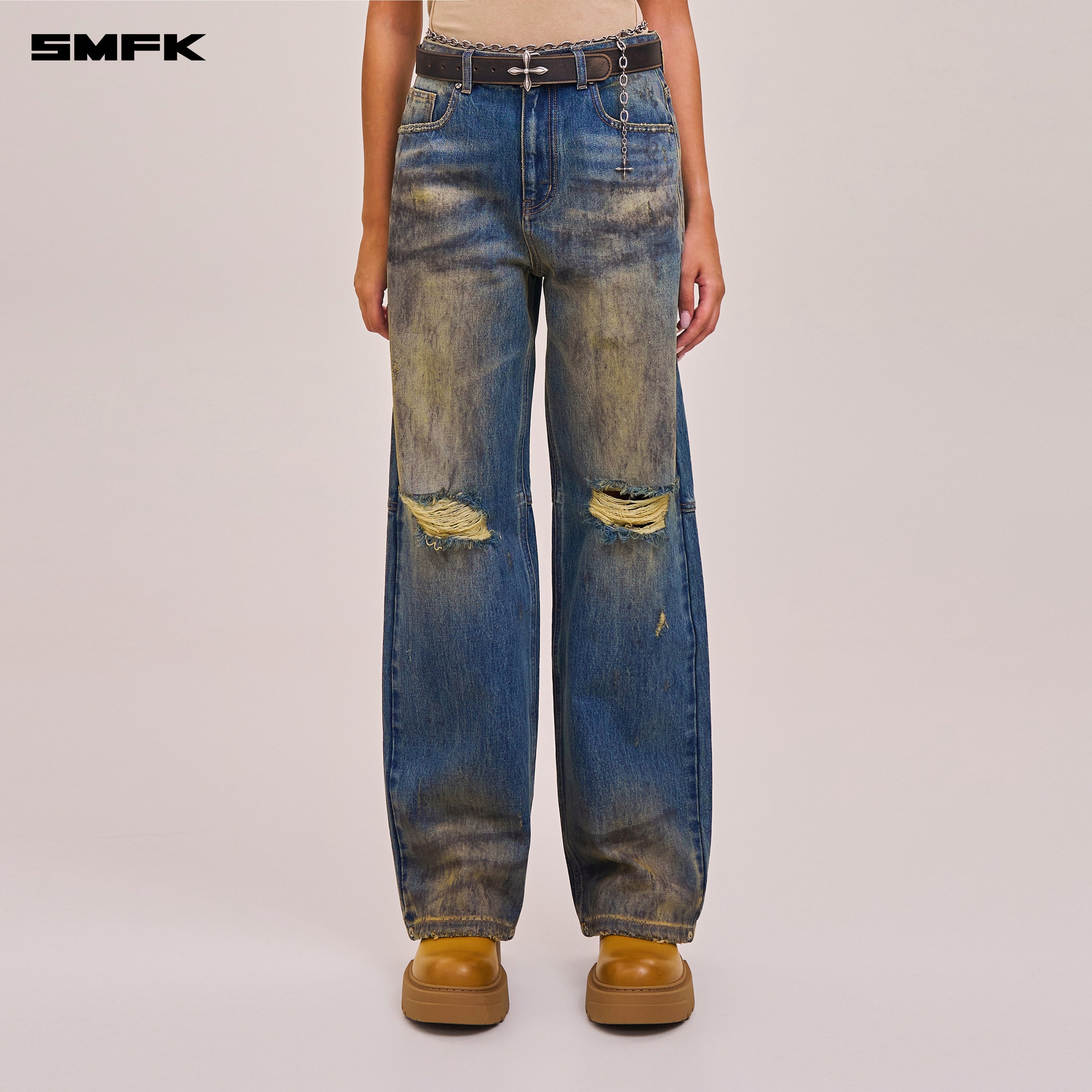 COMPASS MODE WASTELAND LOOSE STRAIGHT DENIM PANTS WASTELAND BLUE