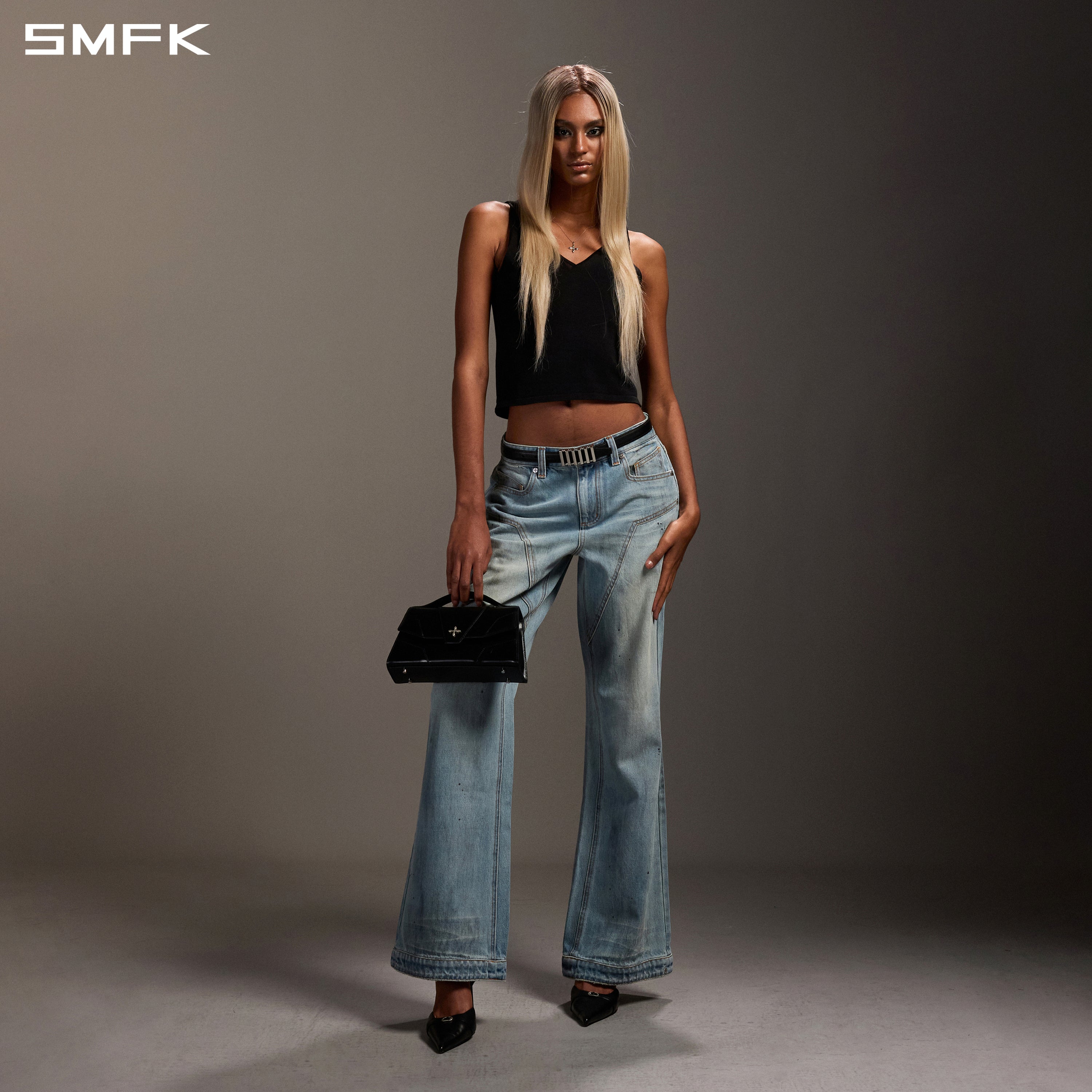 COMPASS MIRAGE FLARED DENIM PANTS/COTTON/W SKY BLUE