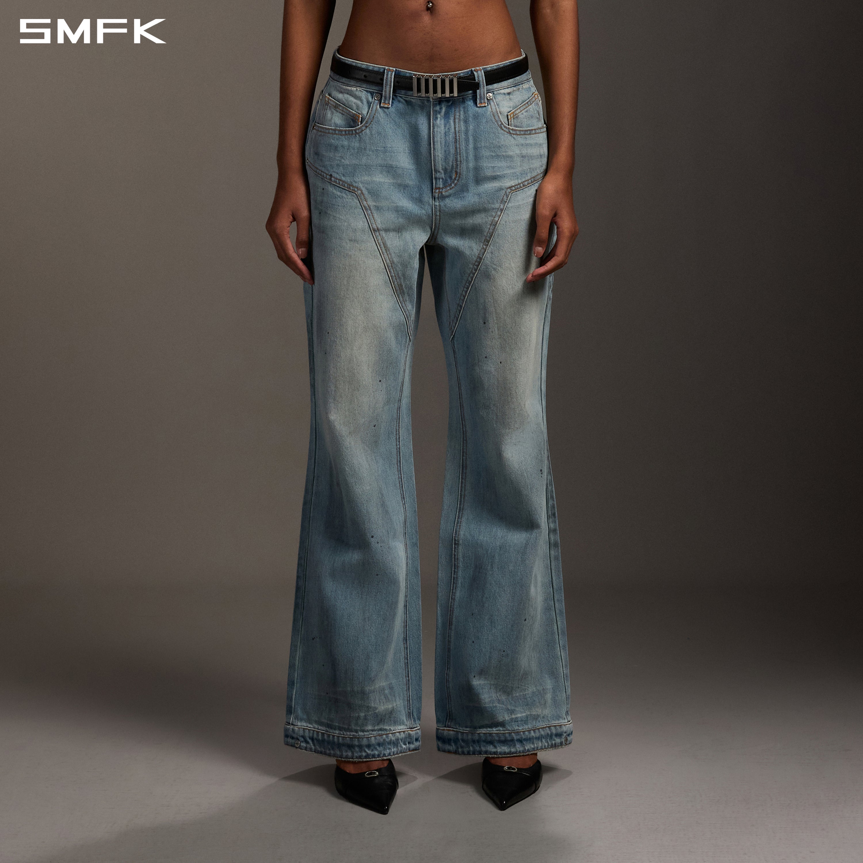COMPASS MIRAGE FLARED DENIM PANTS/COTTON/W SKY BLUE
