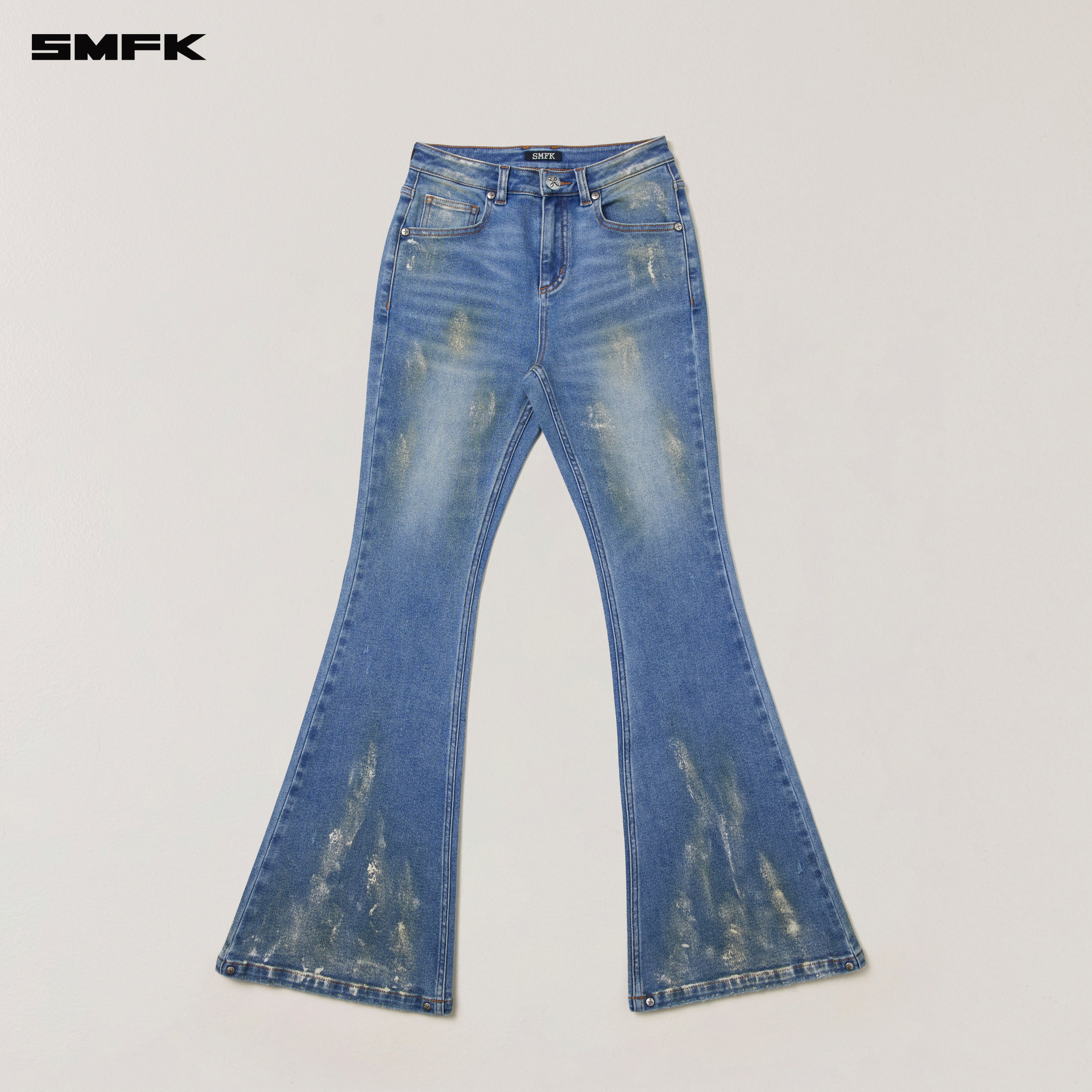 COMPASS MODE TIDE HUNRRICANE HANDPAINTED TOWER DENIM PANTS MARINE BLUE