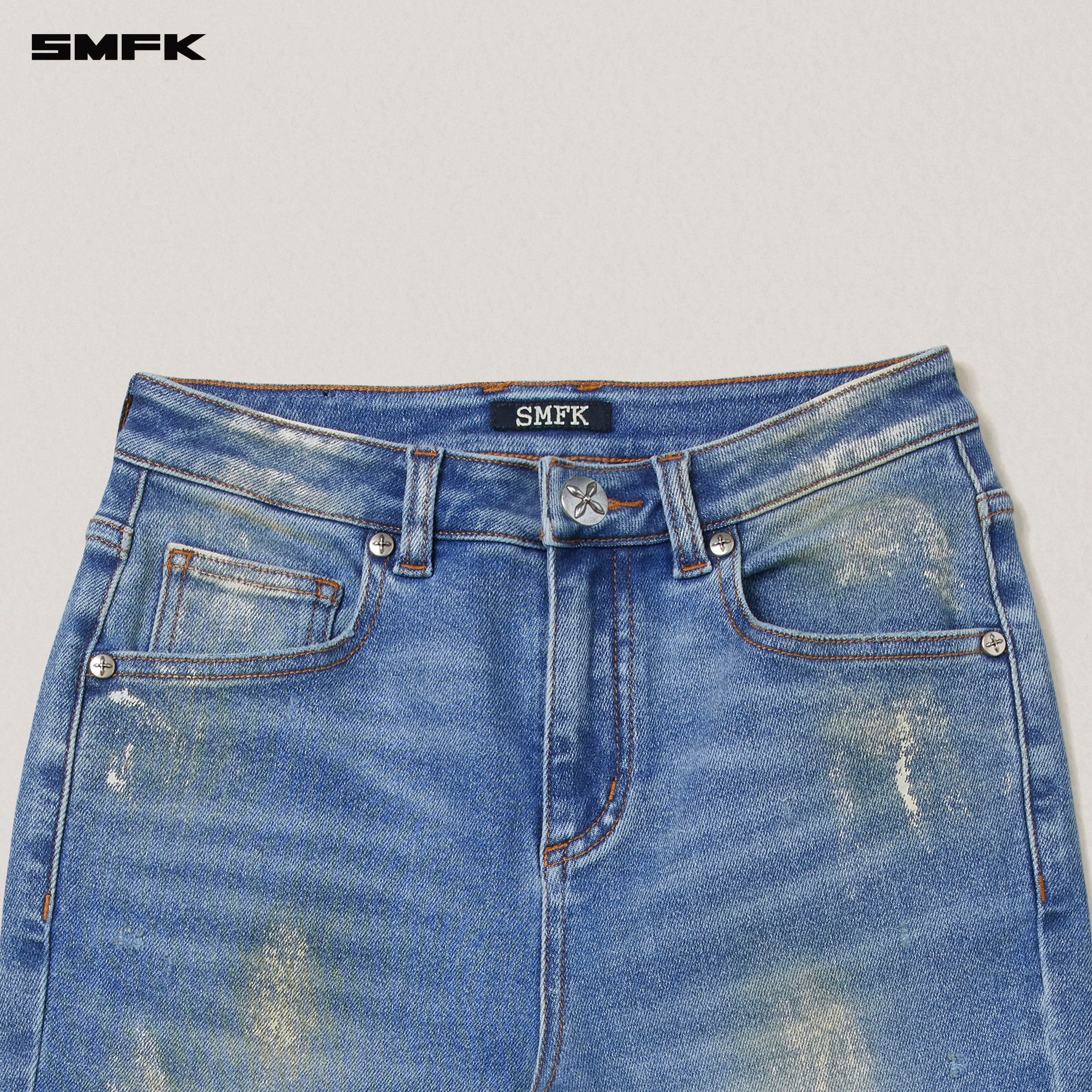 COMPASS MODE TIDE HUNRRICANE HANDPAINTED TOWER DENIM PANTS MARINE BLUE