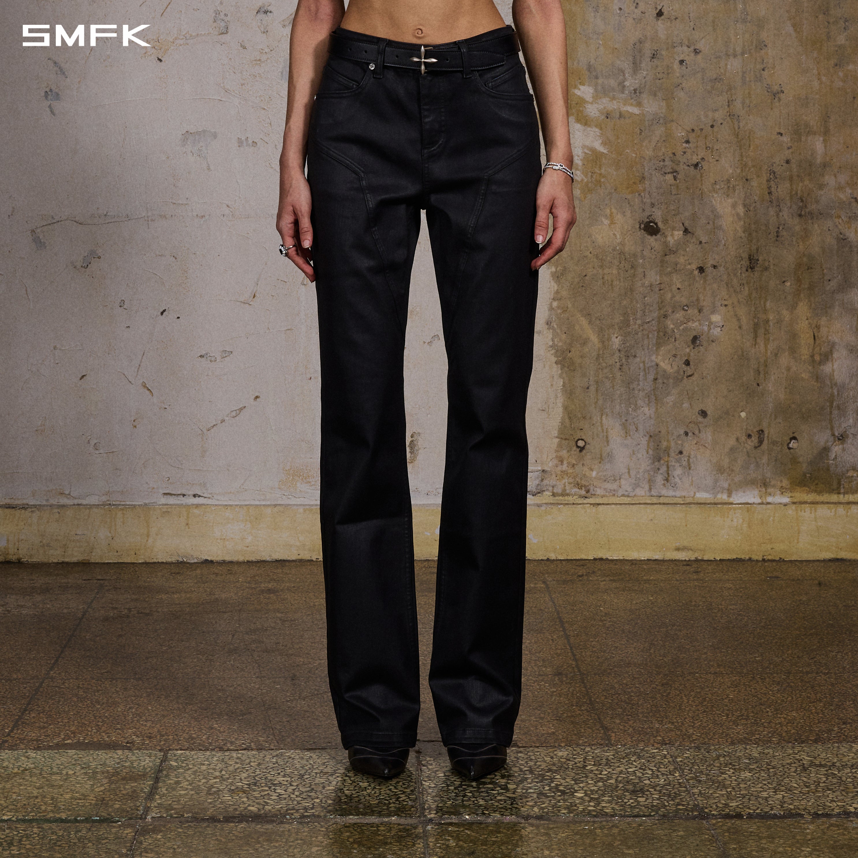 MIRAGE PRISM OVERLENGTH STRT DENIM PANTS/COTTON+T400SPANDEX/W INK BLACK
