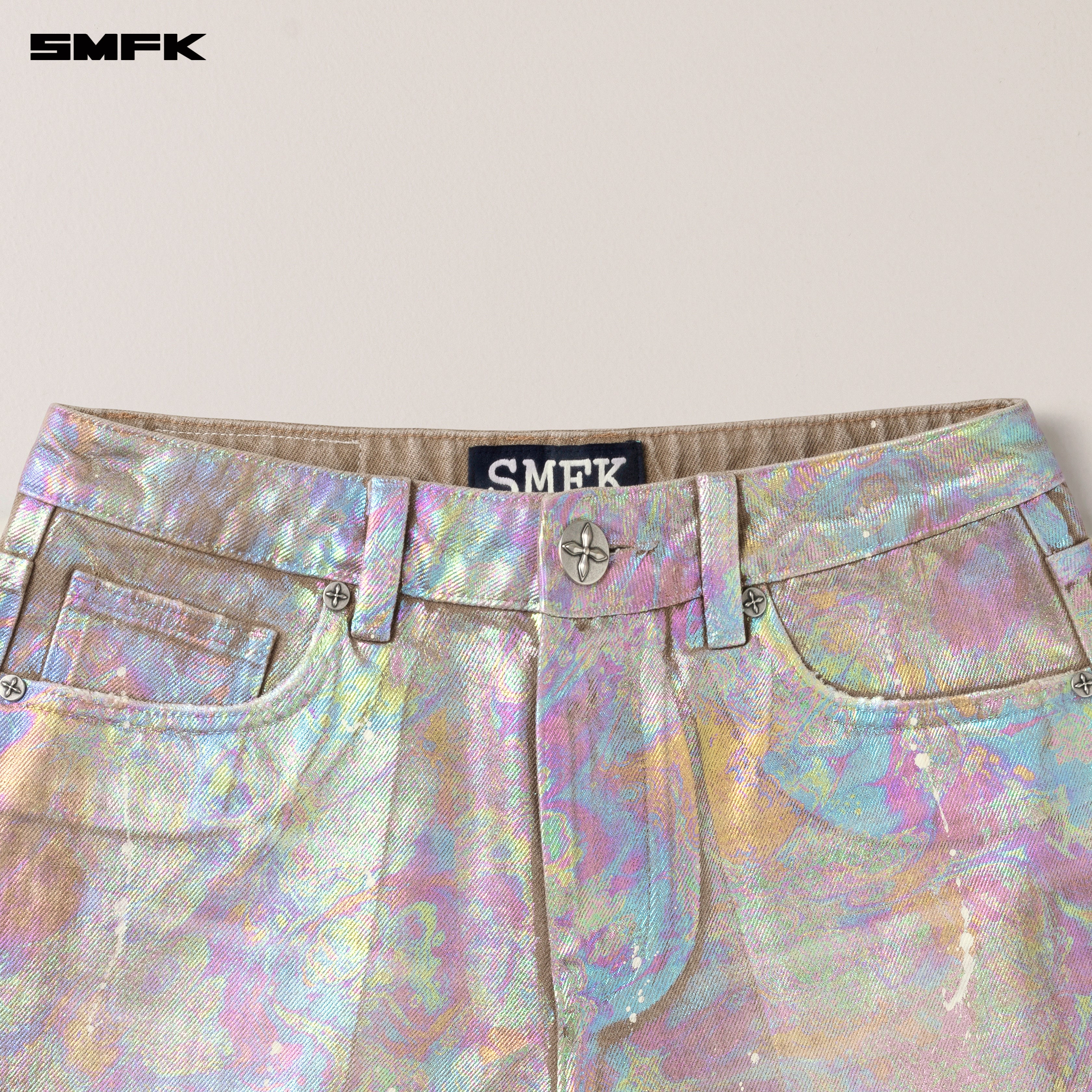 SMFK グレー デニムショートパンツ ワイルドコンチネントファンタジーデニムショートパンツ（ハンドメイド