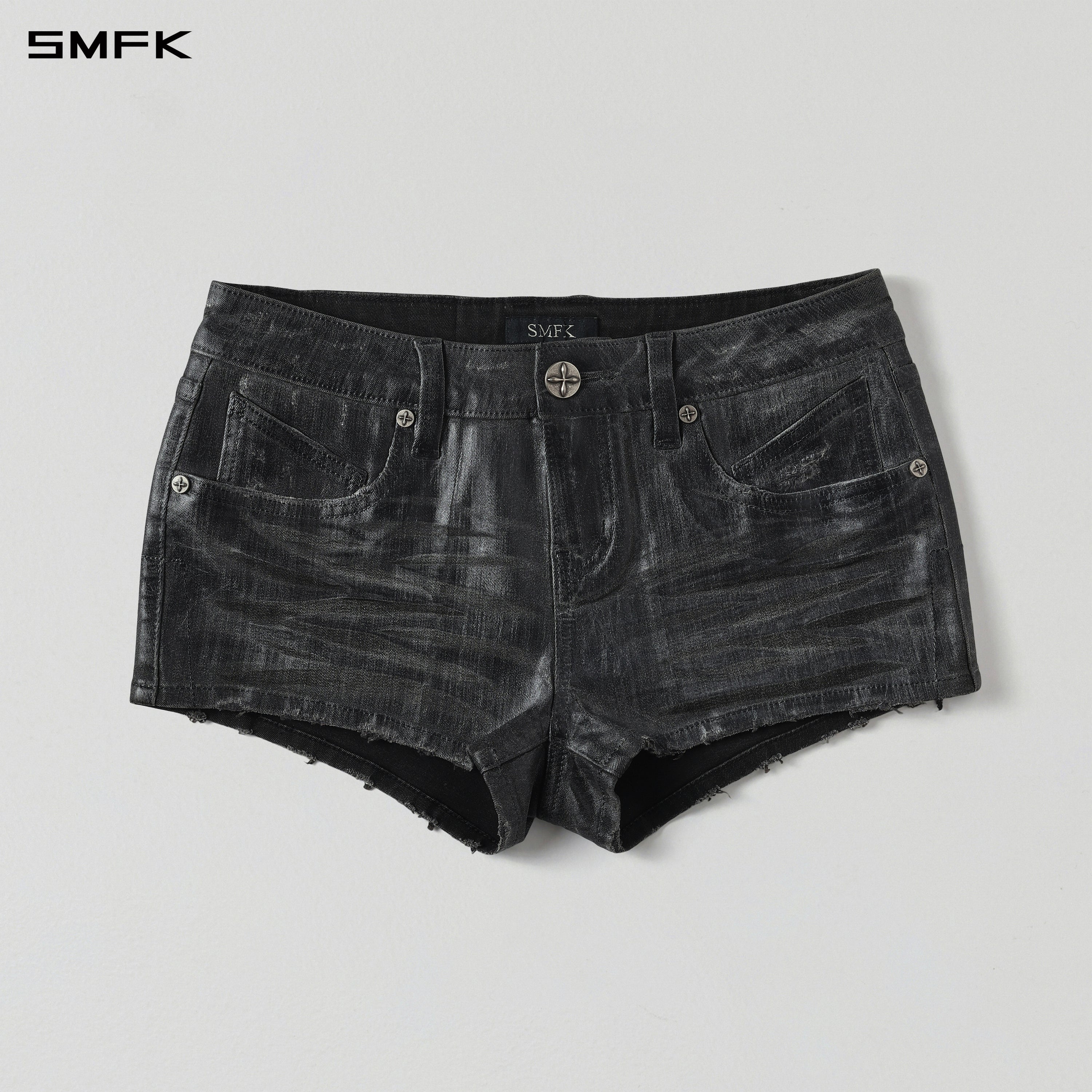 WILD MIRAGE HANDCRAFT SKINNY DENIM SHORTS/E-DENIM+WAX INK BLACK