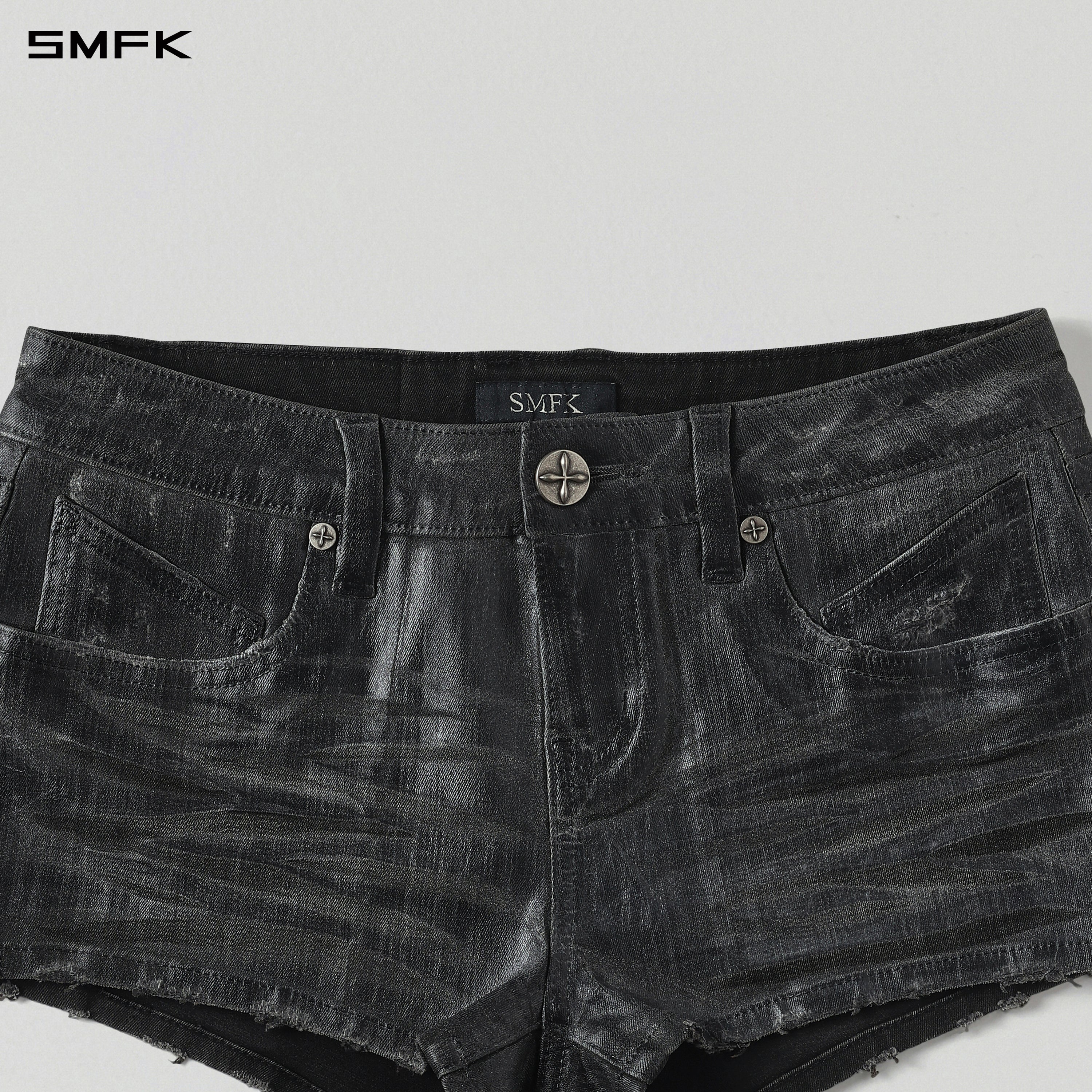 WILD MIRAGE HANDCRAFT SKINNY DENIM SHORTS/E-DENIM+WAX INK BLACK