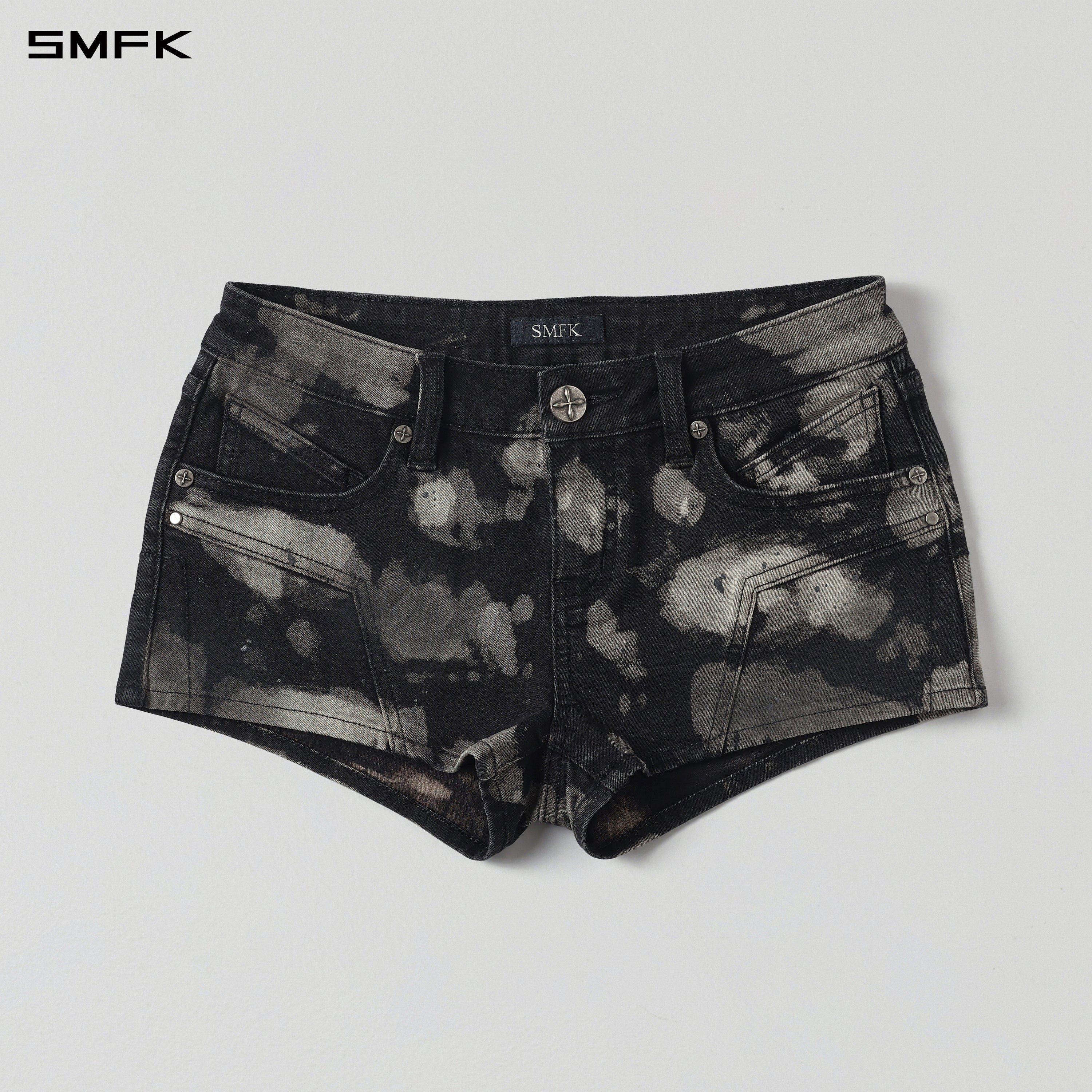 WILD MIRAGE HANDCRAFT SKINNY DENIM SHORTS/E-COTTON+HANDPAINTED ORIENTAL INK