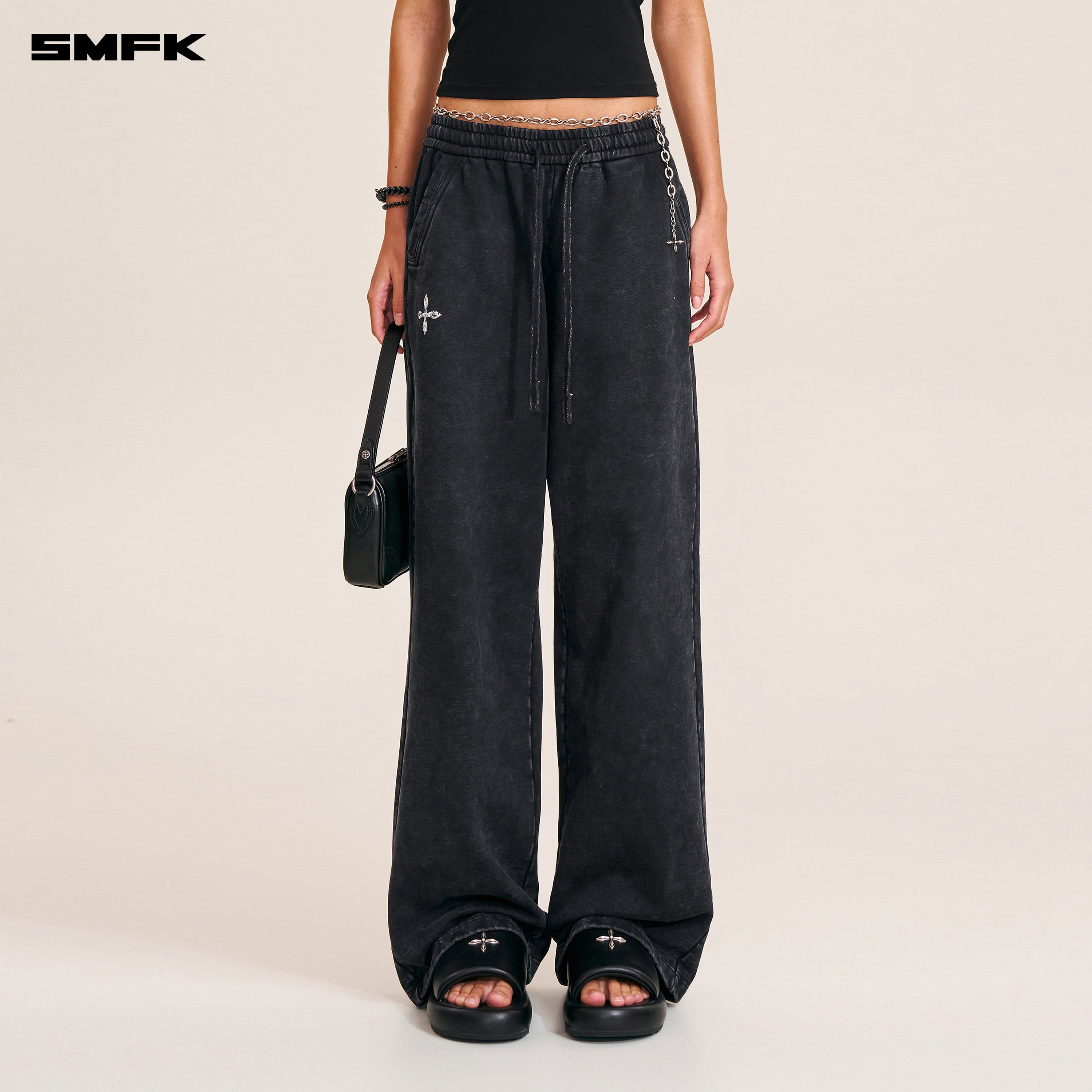 VINTAGE-SAVAGE LOOSE SPORTS PANTS/FADE DYE WILD BLACK