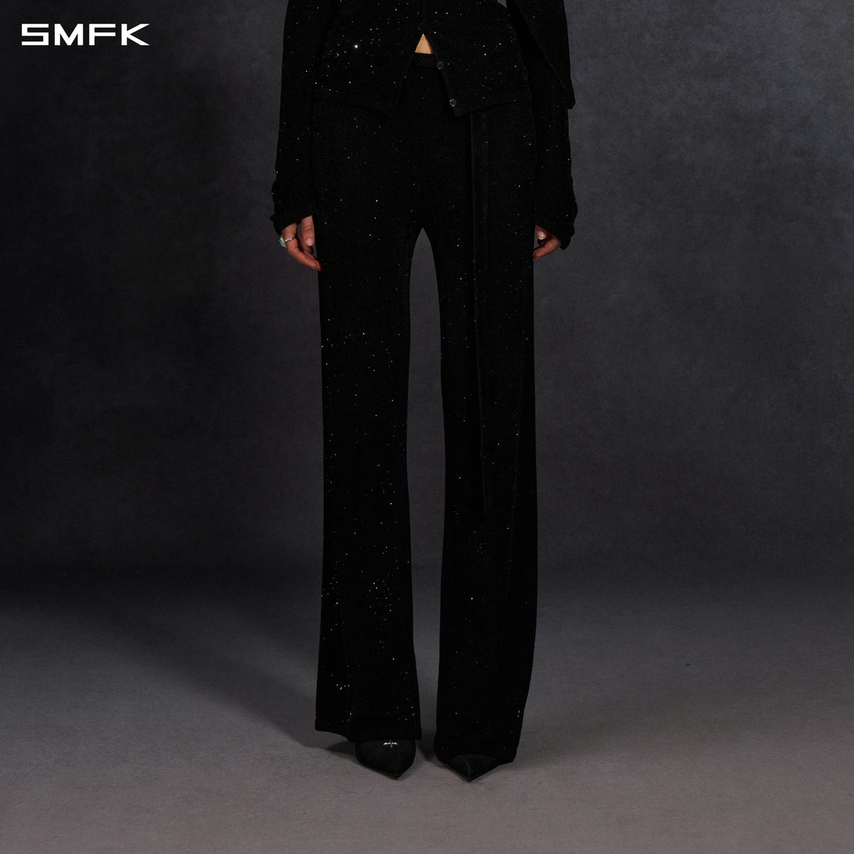 MYTH SIREN EVENING FLARED KNIT PANTS/STARRY VELVET GALAXY BLACK
