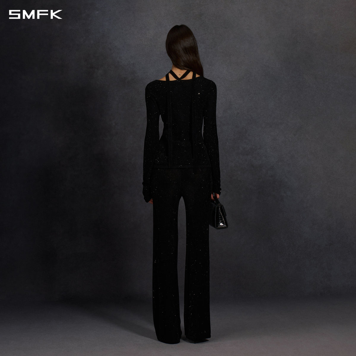 MYTH SIREN EVENING FLARED KNIT PANTS/STARRY VELVET GALAXY BLACK