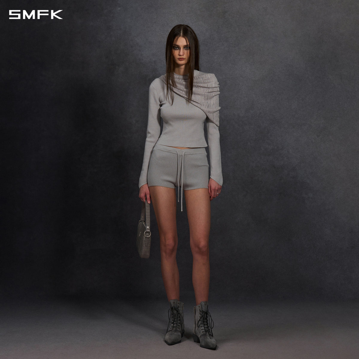 MYTH AEOLUS EVENING V-NECK KNIT SHORTS/LENZING TENCEL+SILK+COTTON GLACIER GREY