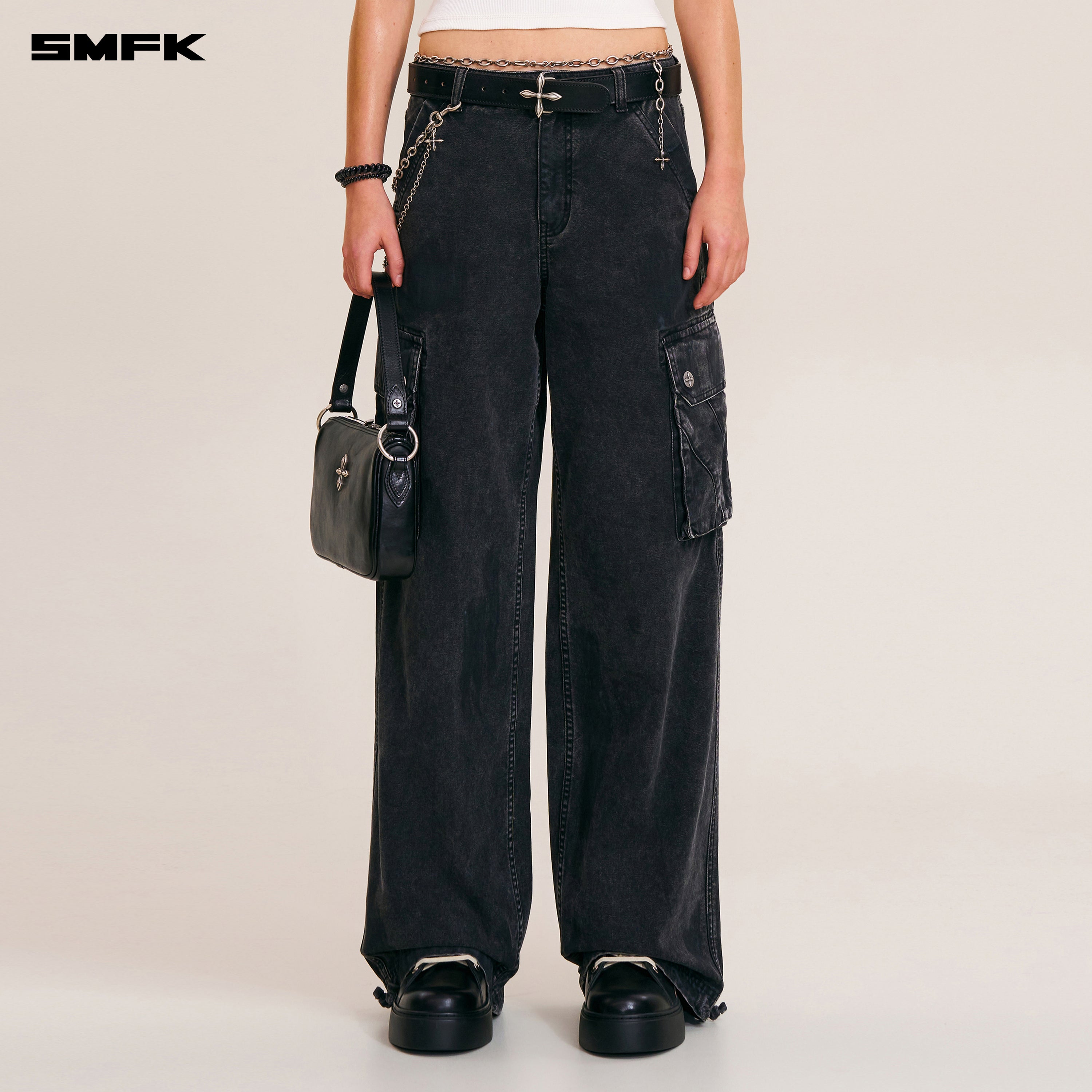 RAGE-WILD ORIGIN HANDCRAFT LOOSE  STRAIGHT CARGO PANTS/GARMENT DYED WILD BLACK