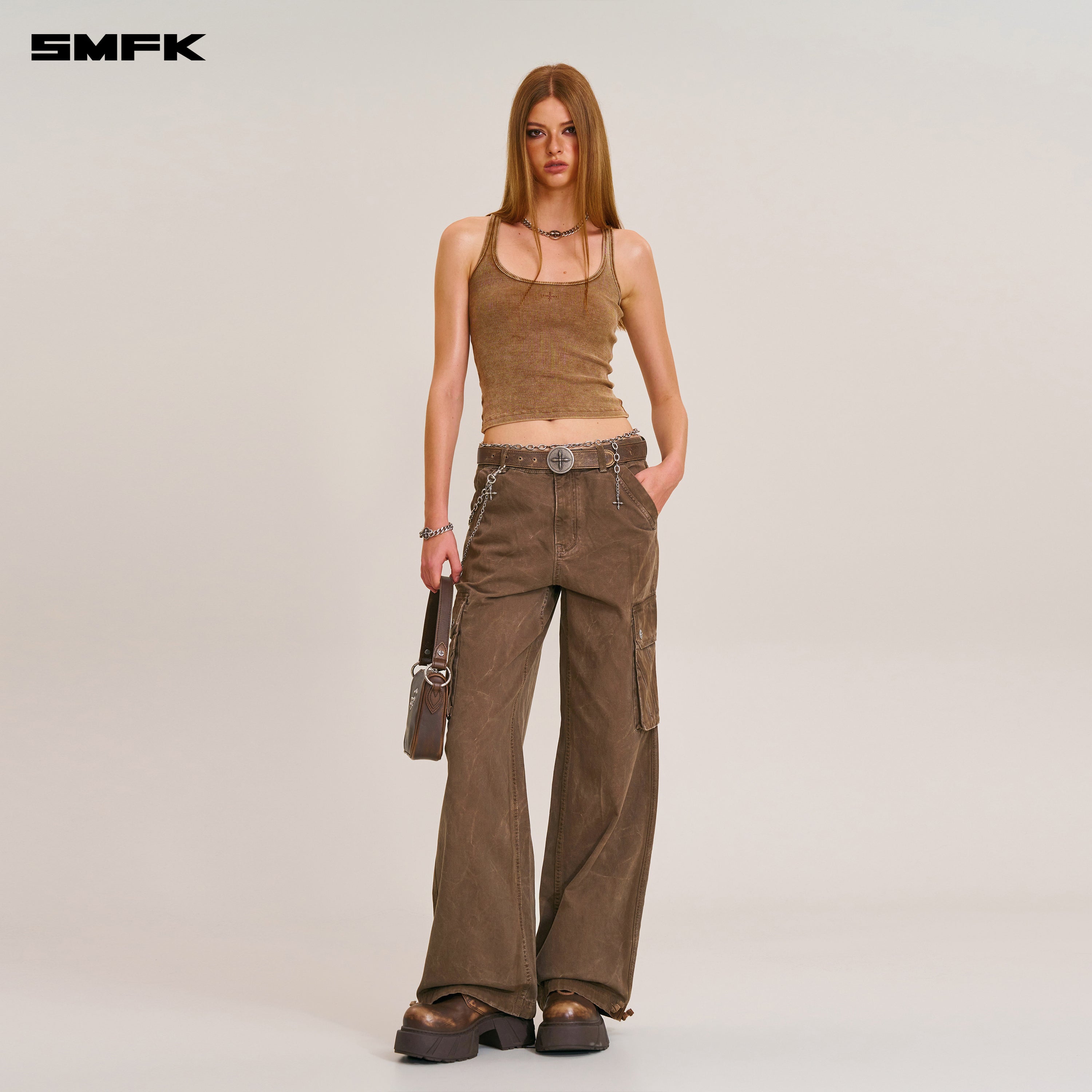 RAGE-WILD ORIGIN HANDCRAFT LOOSE  STRAIGHT CARGO PANTS/GARMENT DYED SHADOW BROWN