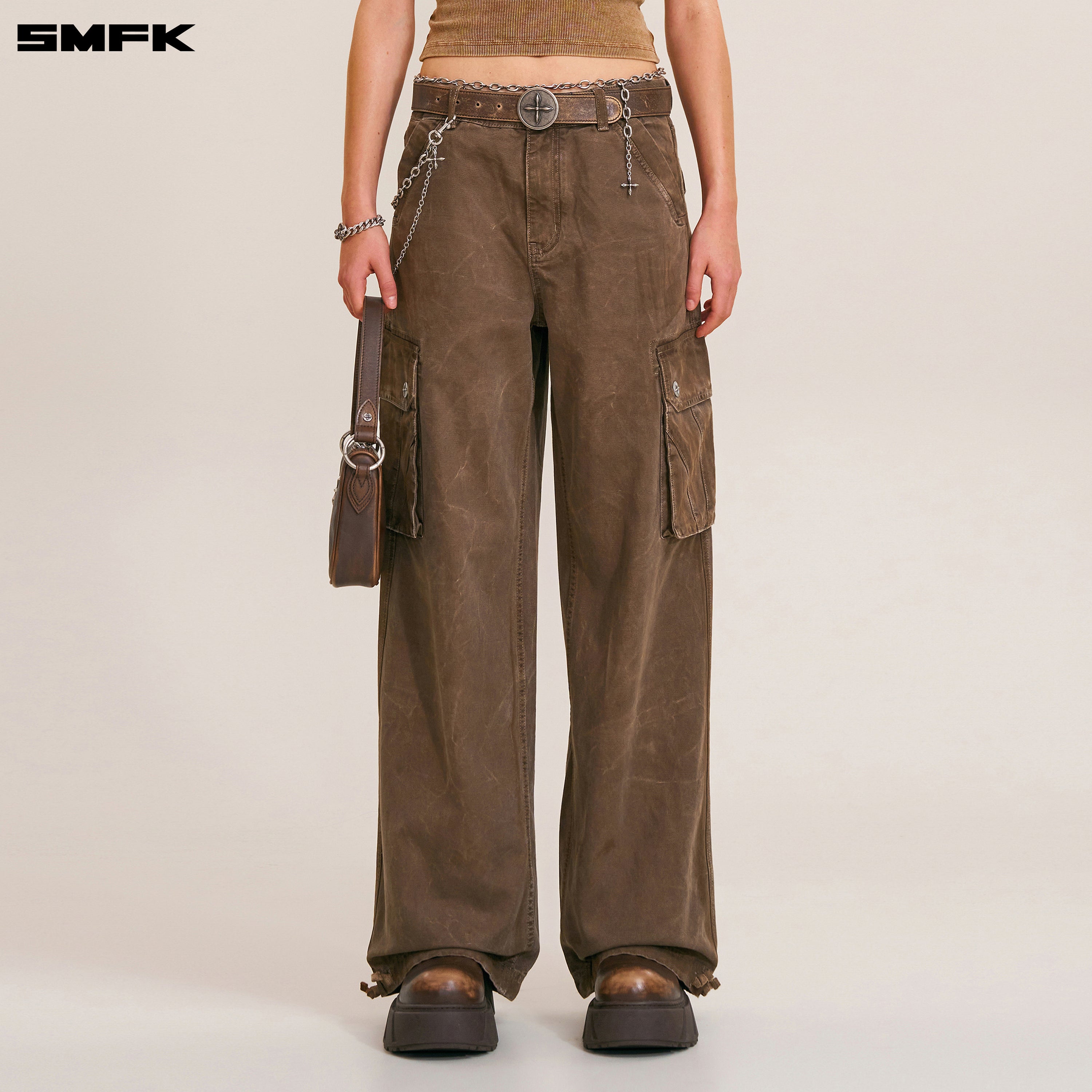 RAGE-WILD ORIGIN HANDCRAFT LOOSE  STRAIGHT CARGO PANTS/GARMENT DYED SHADOW BROWN