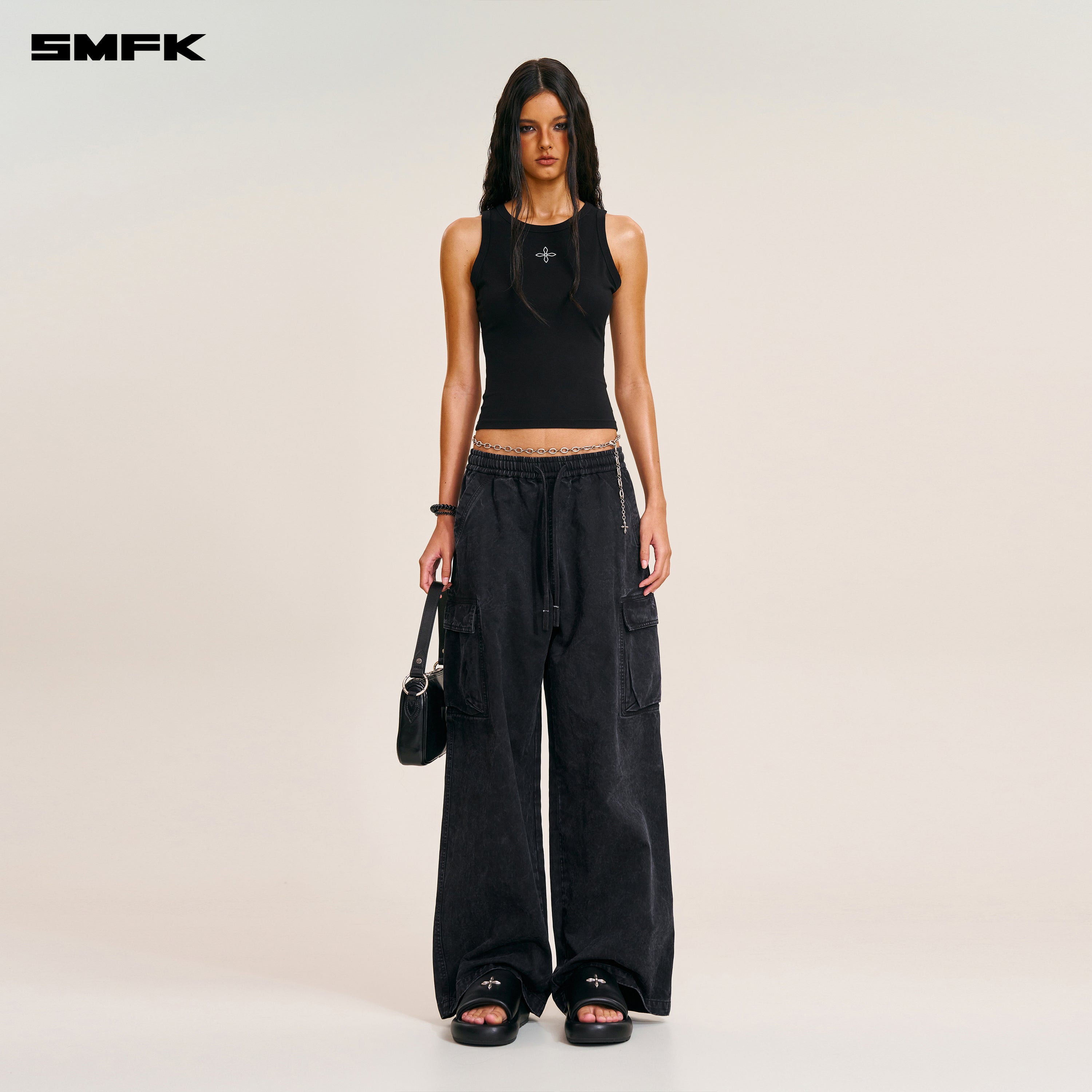 VINTAGE-STORM LOOSE SPORTS CARGO PANTS/FADE DYE WILD BLACK