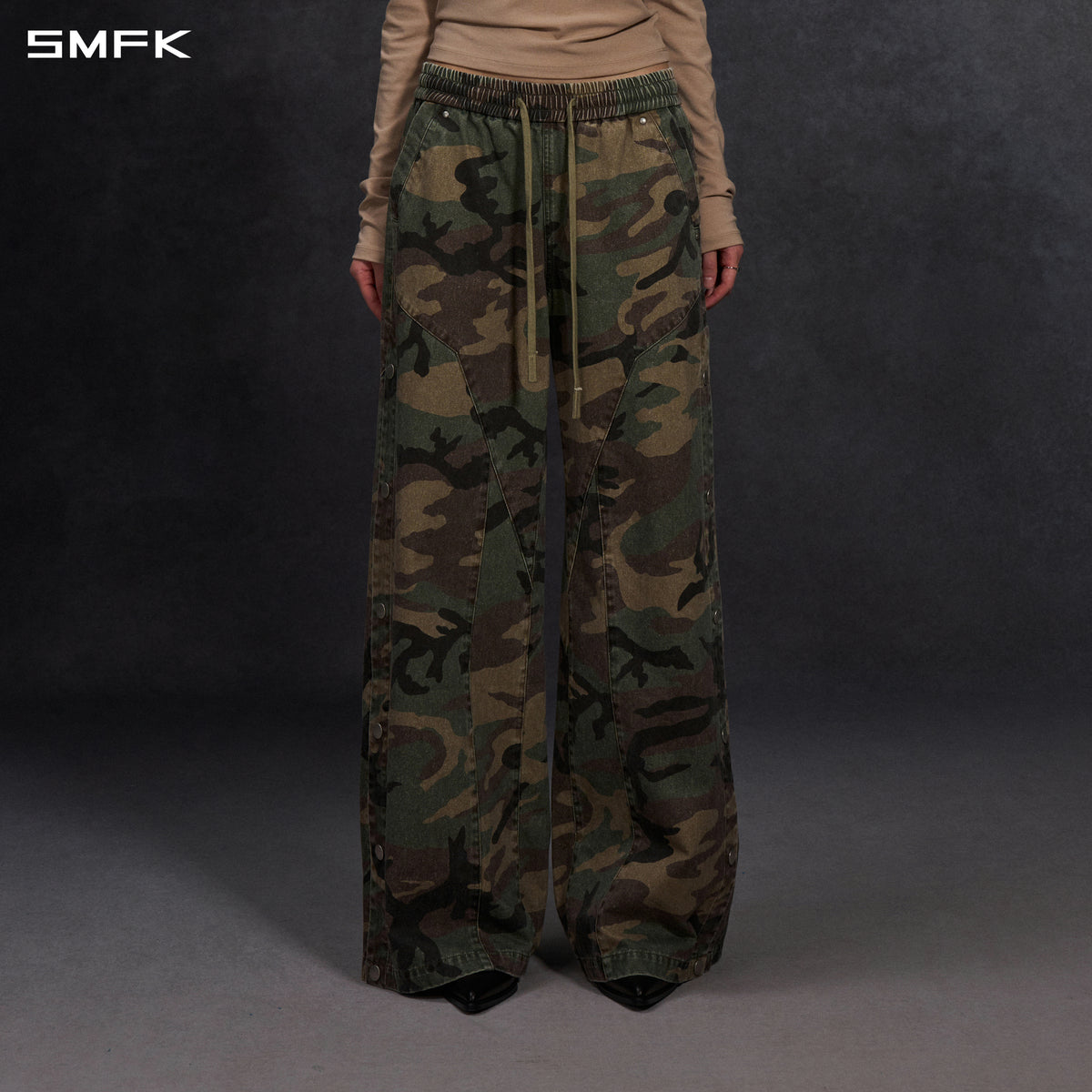 MIRAGE SIREN COLD DYE LOOSE SPORTS CARGO PANTS/COTTON+GARMENT DYE/U GREEN CAMOUFLAGE