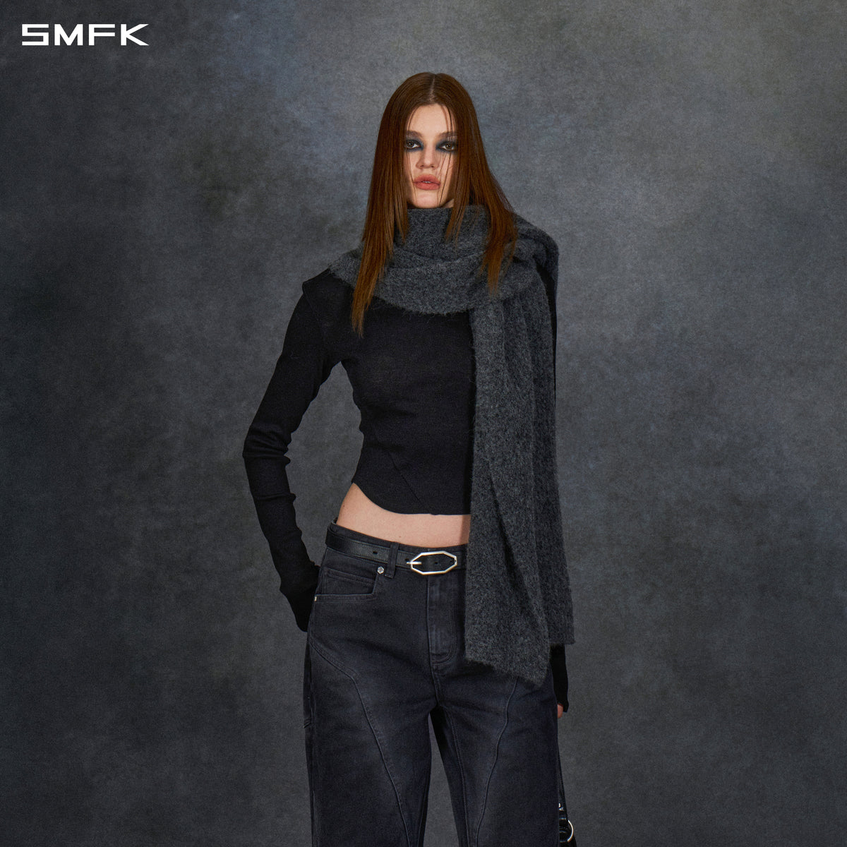 MYTH SIREN EVENING KNIT TRIANGLE SCARF SET/ALPACA+WOOL CARBON