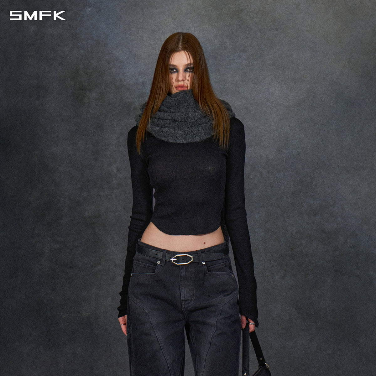 MYTH SIREN EVENING KNIT TRIANGLE SCARF SET/ALPACA+WOOL CARBON