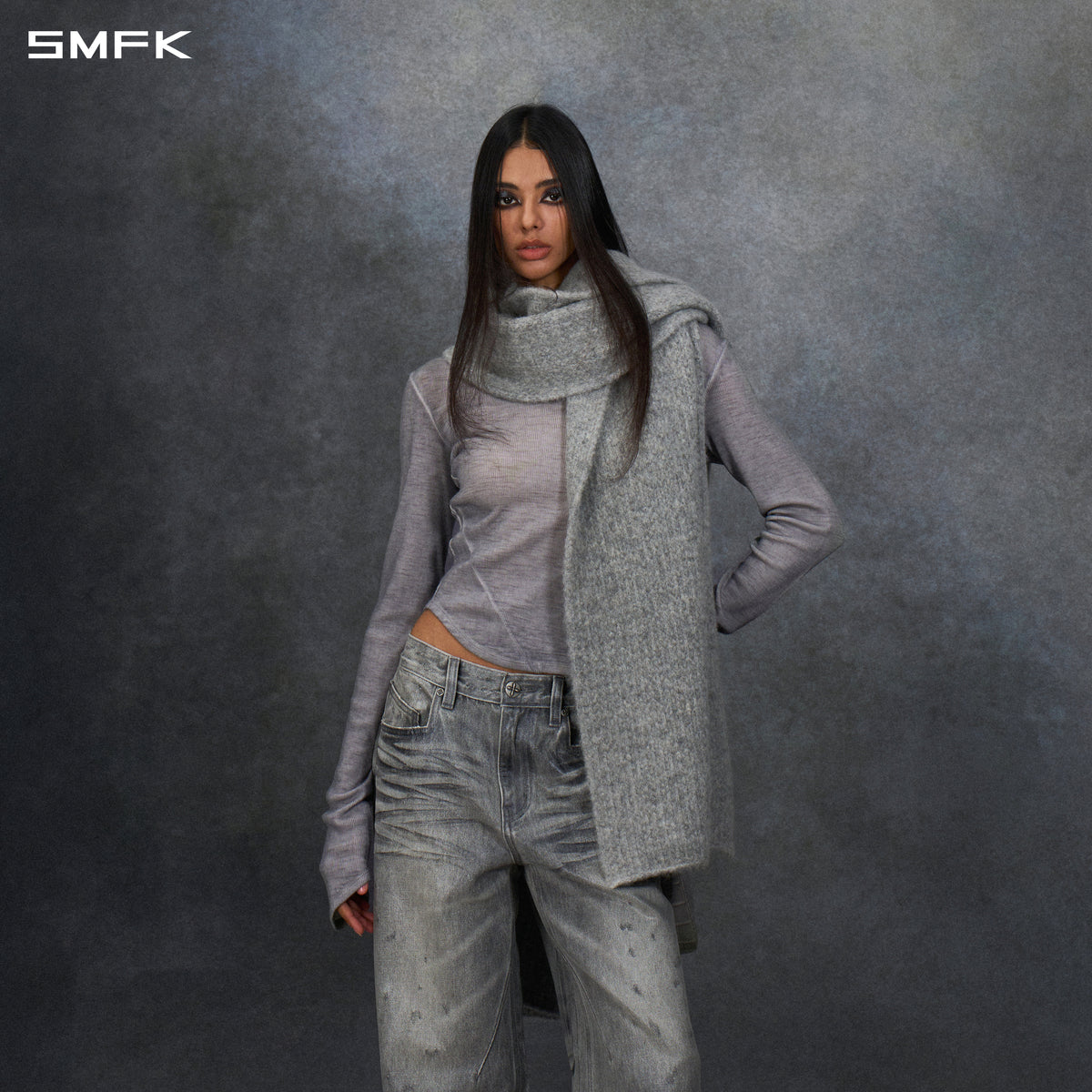 MYTH SIREN EVENING KNIT TRIANGLE SCARF SET/ALPACA+WOOL GLACIER GREY