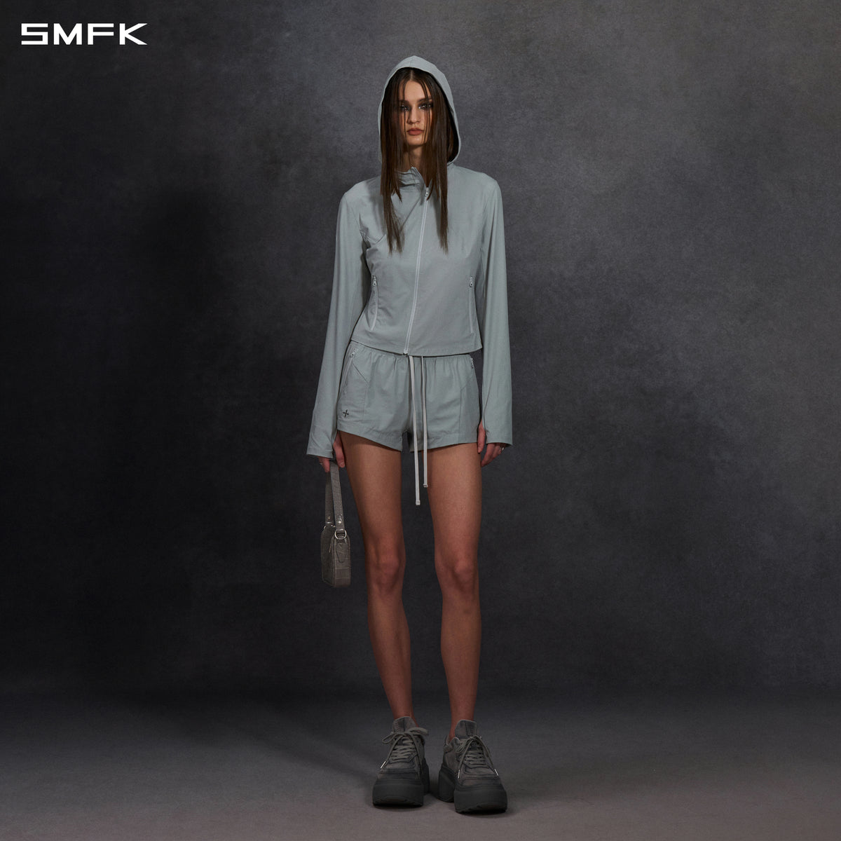 FOCUS OD SLIM ASYMMETRI-ZIP HOODIE/66 Nylon GLACIER GREY
