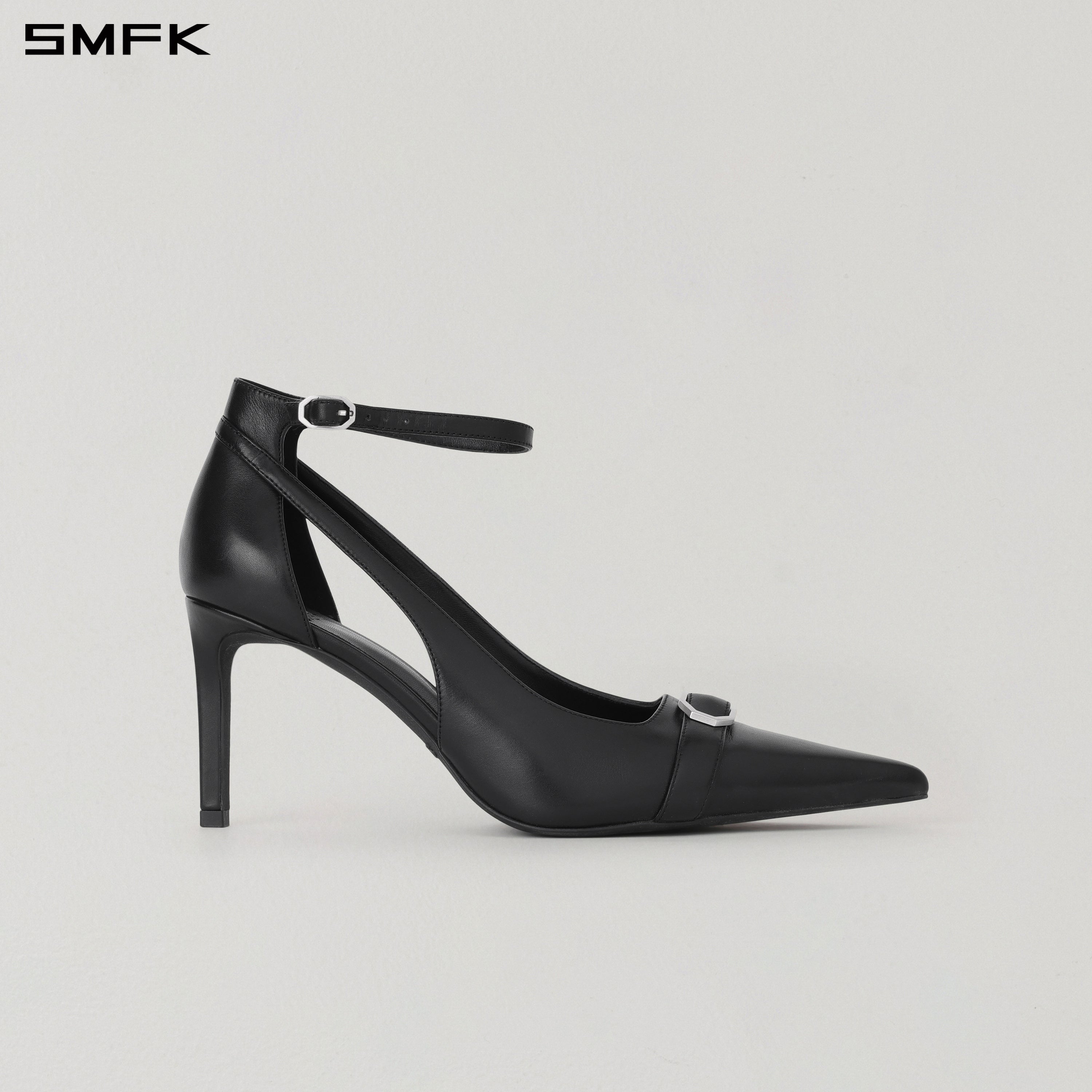WINDOW BUCKLE DANCE HEELS/LEATHER-8cm WILD BLACK