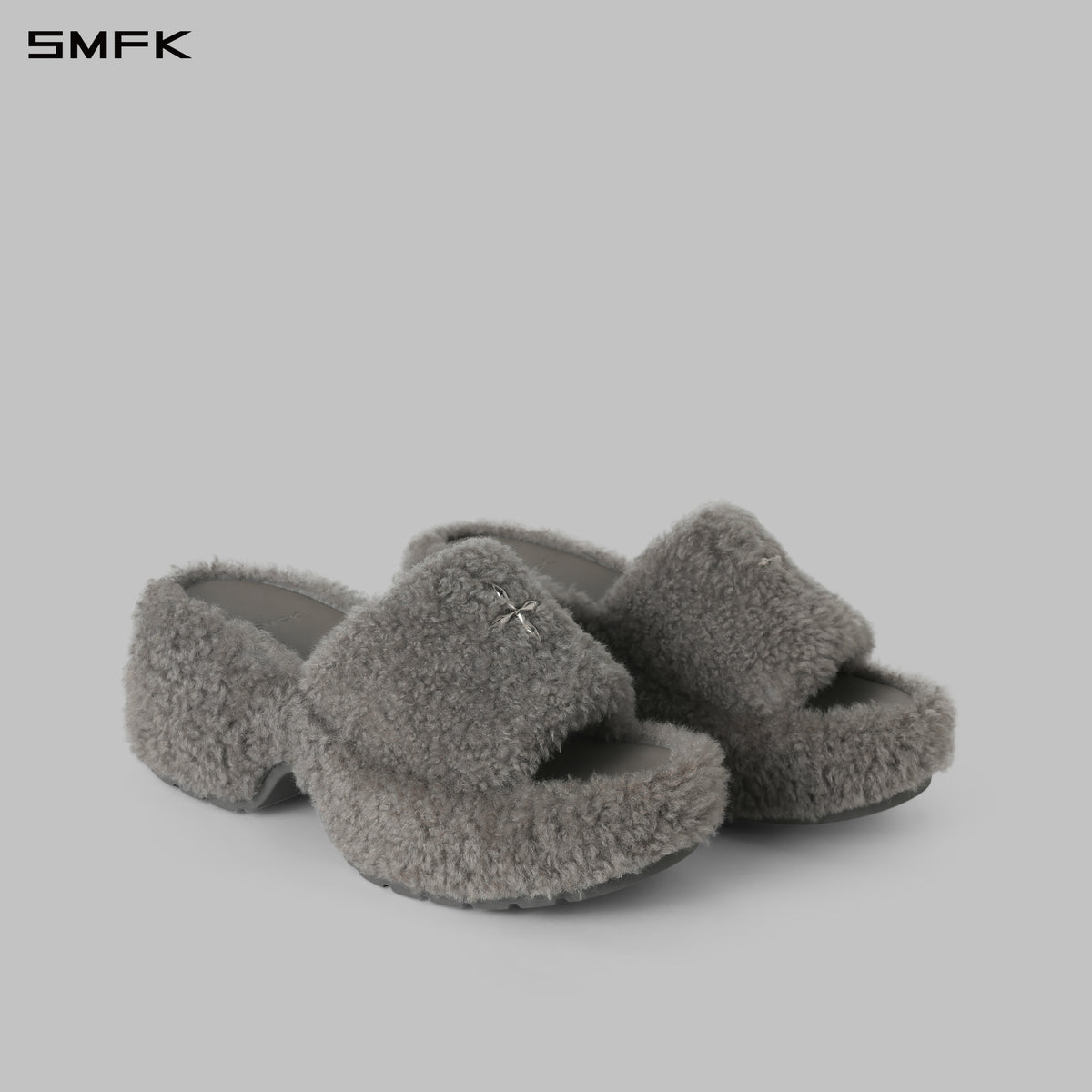 PRISM WORLD SHEARLING HEELED SLIDES GLACIER GREY