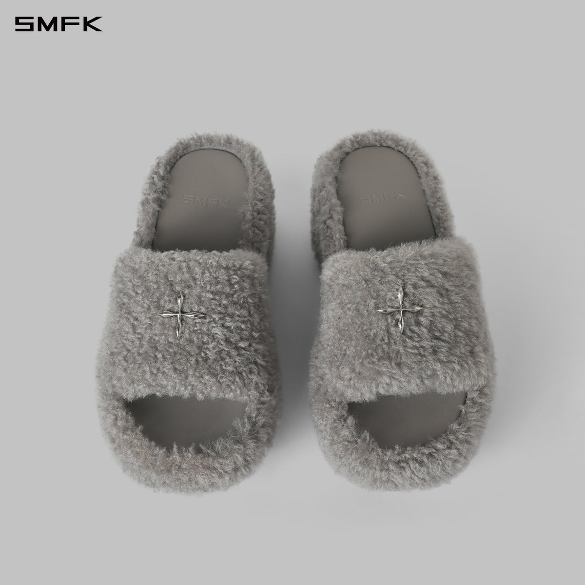 PRISM WORLD SHEARLING HEELED SLIDES GLACIER GREY