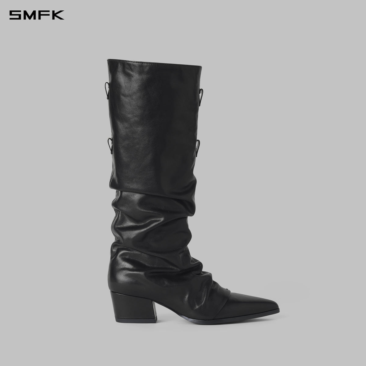 WIZARD CREASE KNEE-HIGH THICK HEEL BOOTS/CALF/W WILD BLACK