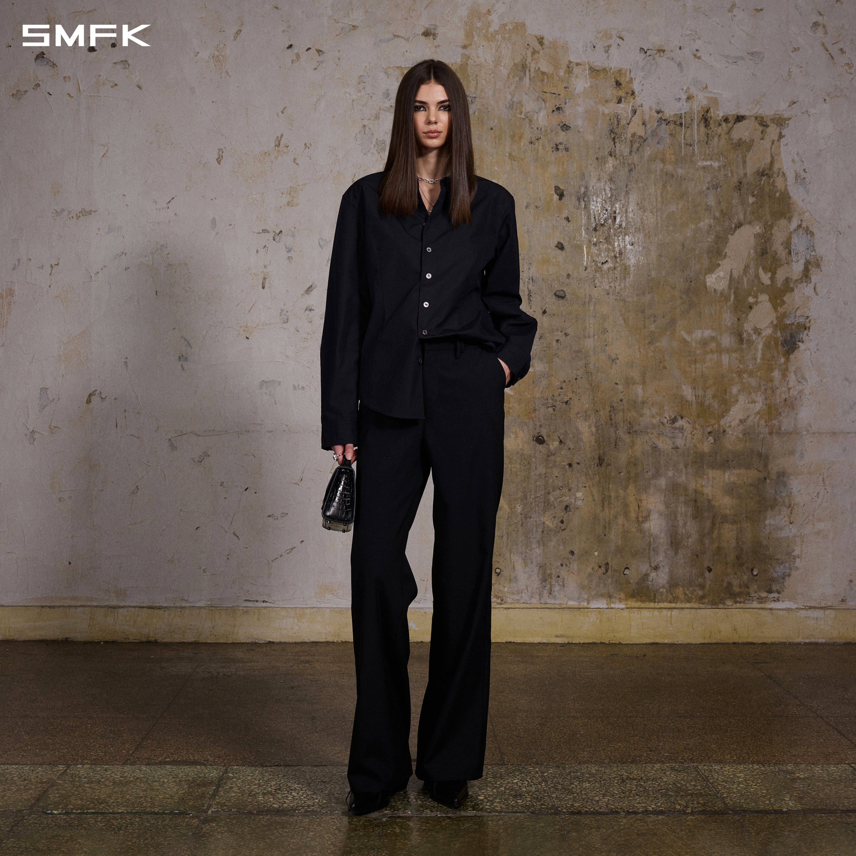 MIRAGE SIREN MIST LOOSE FORMAL PANTS/POLYESTER + WOOL/W MIDNIGHT BLACK