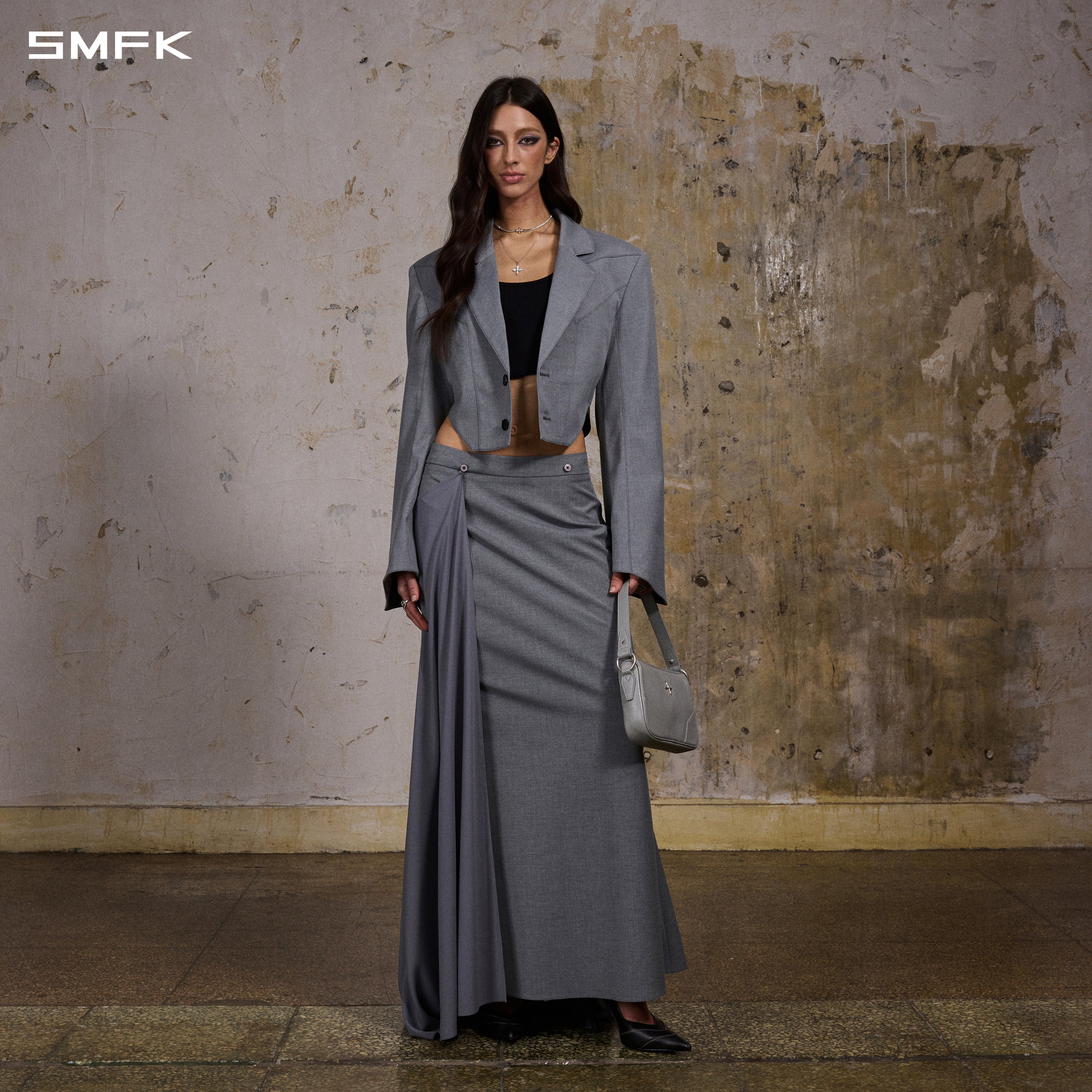 PERMANENT PRISM CAPE FORMAL MERMAID SKIRT/POLYESTER + VISCOSE + WOOL GLACIER GREY