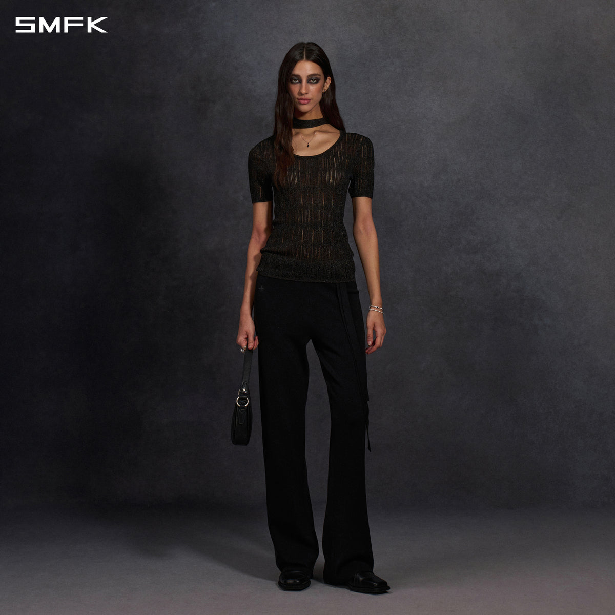 MYTH AEOLUS AURORA EVENING SLIM COLLAR KNIT TEE/METALLIC YARN AURORA BLACK