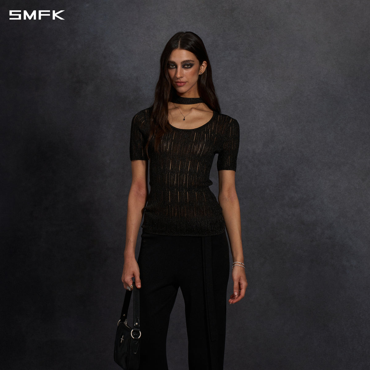 MYTH AEOLUS AURORA EVENING SLIM COLLAR KNIT TEE/METALLIC YARN AURORA BLACK