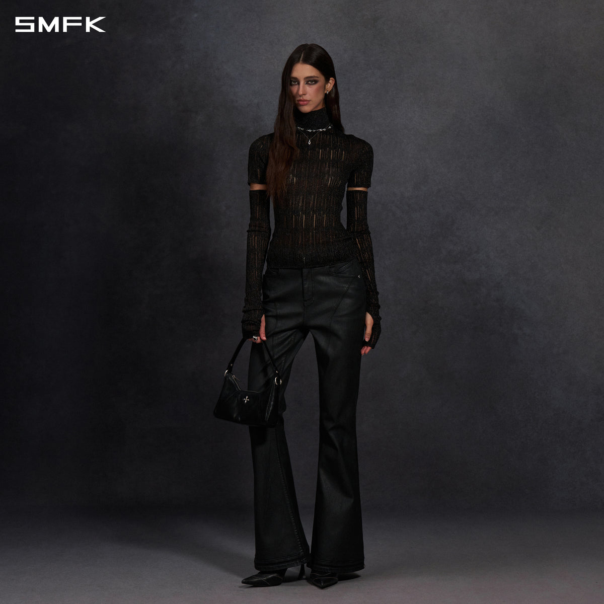 MYTH SIREN AURORA EVENING SLIM HIGH COLLAR KNIT TEE/METALLIC YARN AURORA BLACK