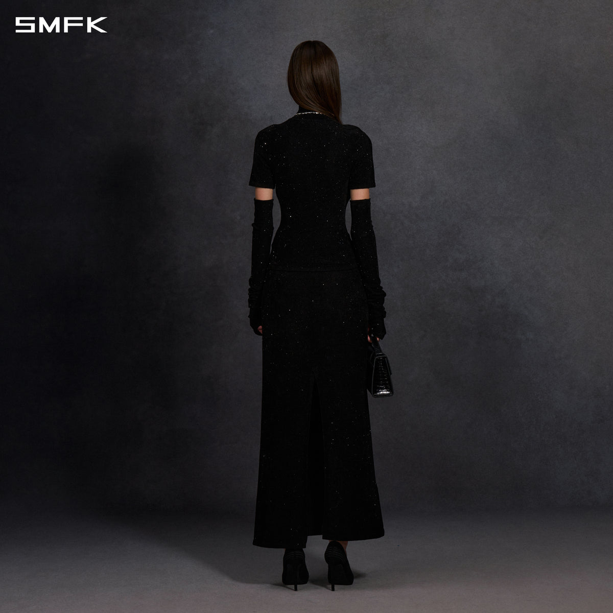 MYTH SIREN GALAXY EVENING SLIM HIGH COLLAR KNIT TEE/STARRY VELVET GALAXY BLACK