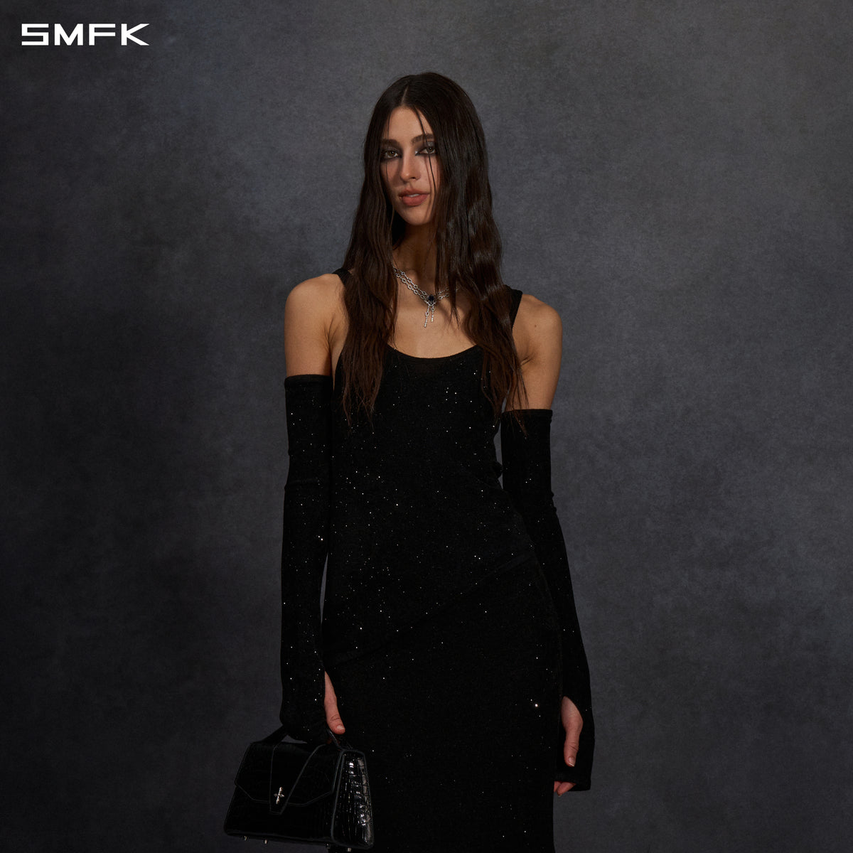 MYTH SIREN EVENING ASYMMETRIC KNIT VEST/STARRY VELVET GALAXY BLACK