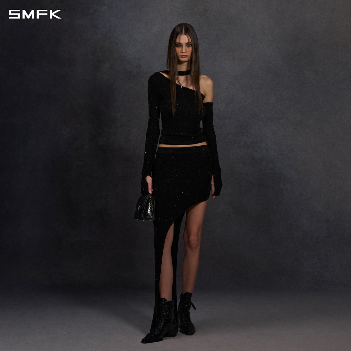 MYTH SIREN ONE-SHOULDER EVENING KNIT PULLOVER/STARRY VELVET GALAXY BLACK