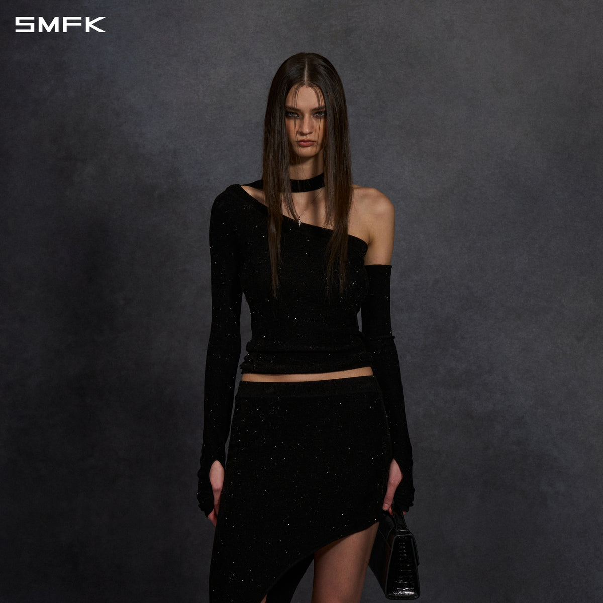 MYTH SIREN ONE-SHOULDER EVENING KNIT PULLOVER/STARRY VELVET GALAXY BLACK