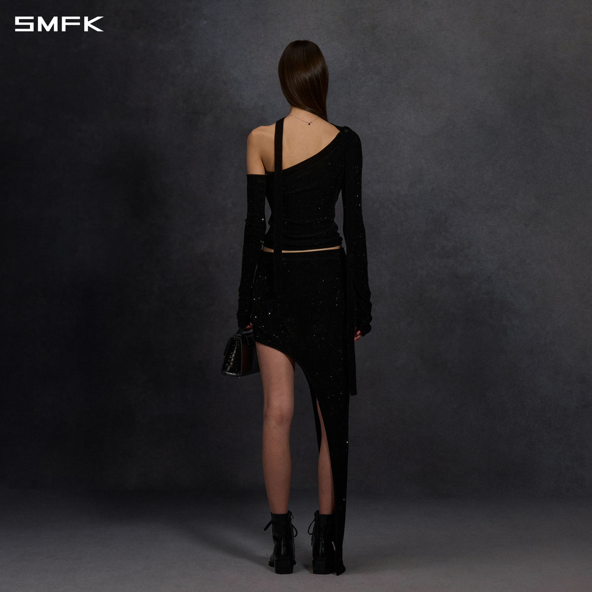 MYTH SIREN ONE-SHOULDER EVENING KNIT PULLOVER/STARRY VELVET GALAXY BLACK