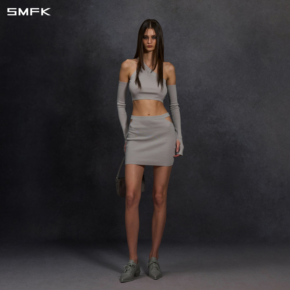 MYTH SIREN ONE-SHOULDER EVENING KNIT VEST/LENZING TENCEL+SILK+COTTON GLACIER GREY