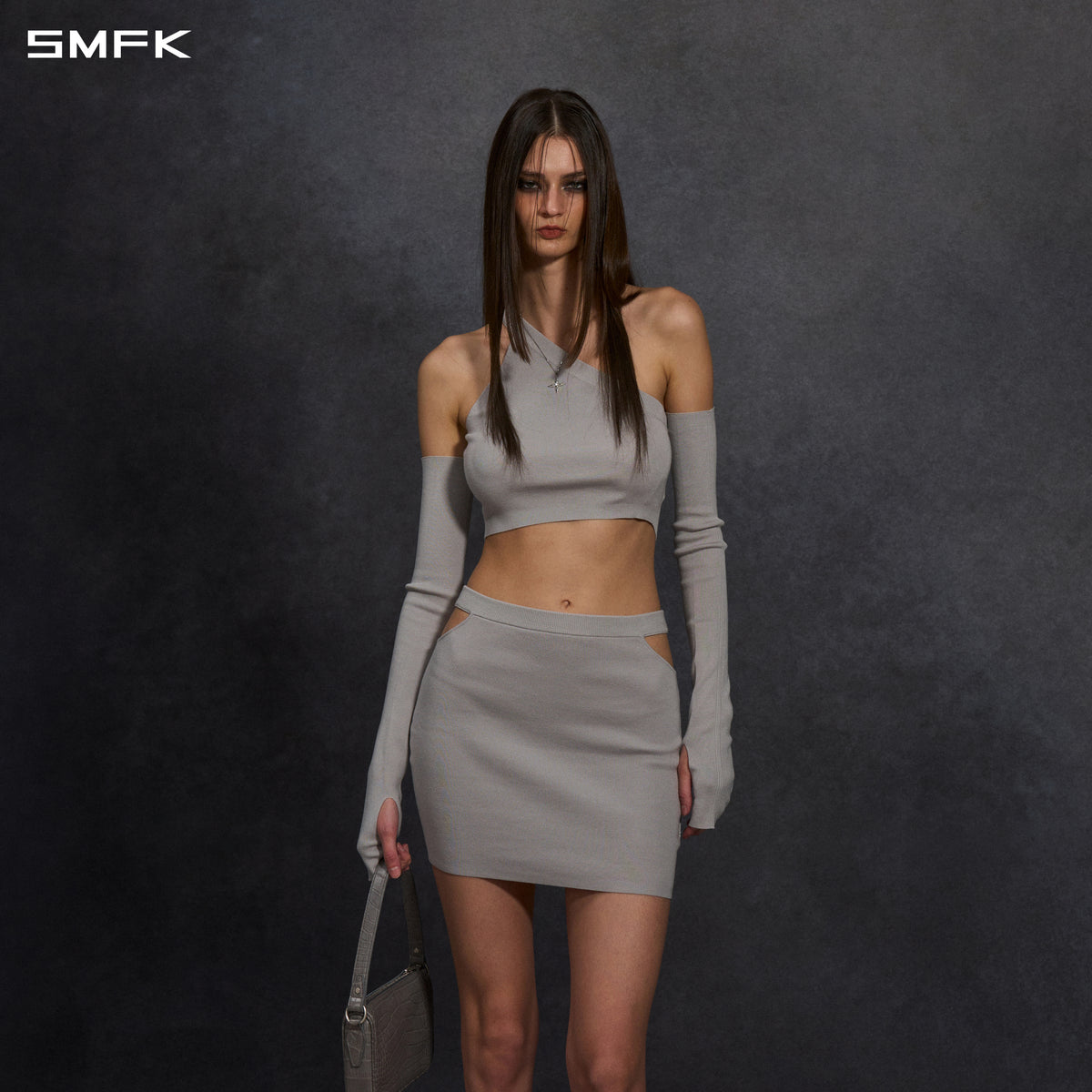MYTH SIREN ONE-SHOULDER EVENING KNIT VEST/LENZING TENCEL+SILK+COTTON GLACIER GREY