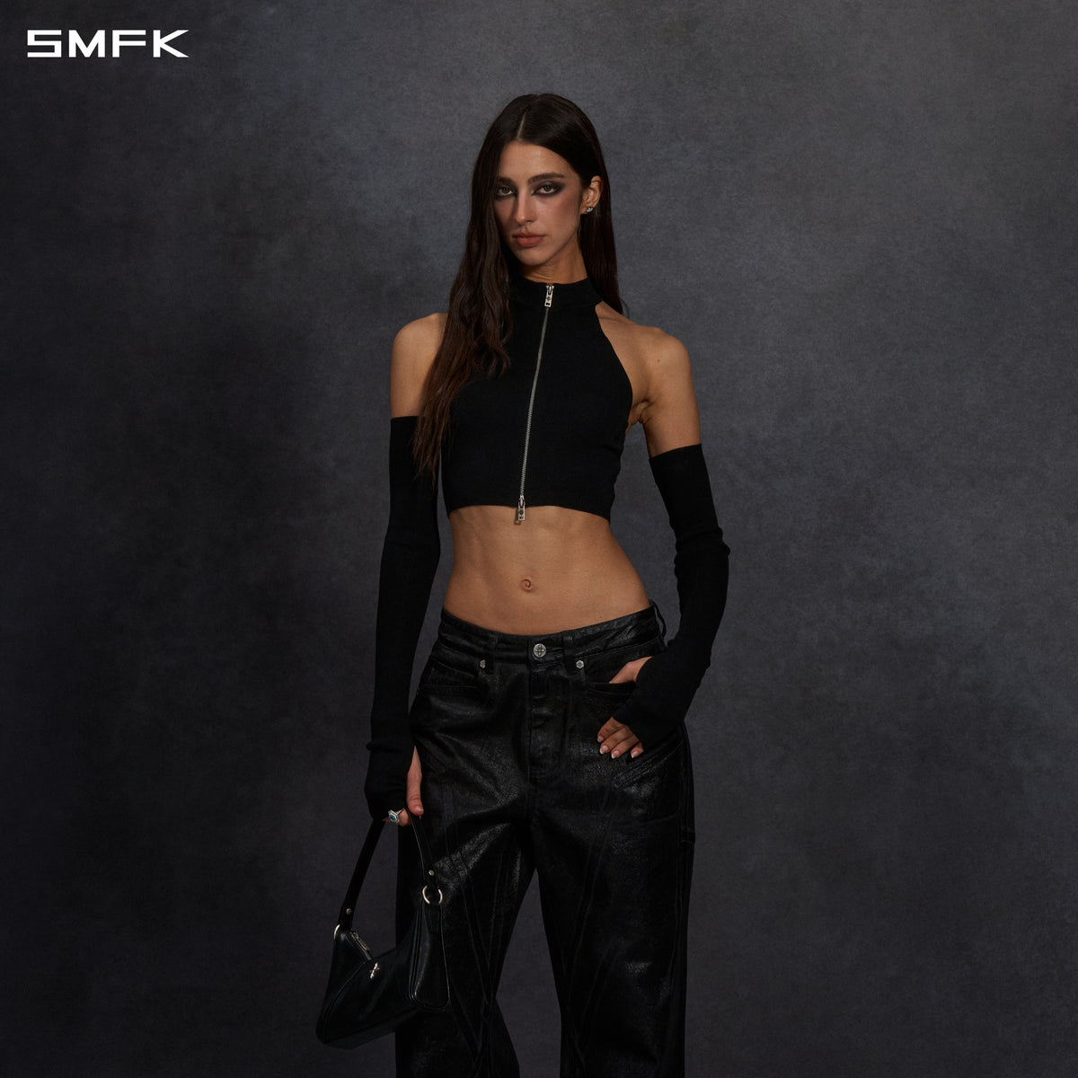 MYTH SIREN HIGH COLLAR ZIP KNIT VEST/LENZING TENCEL+SILK+COTTON WILD BLACK